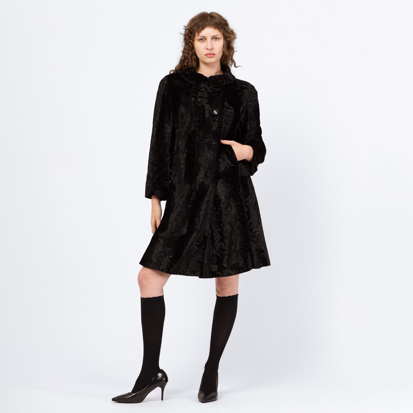 Vintage 60s Mod Black Crushed Velvet Swing Coat - Medium | Retro Double Breasted Plush Faux Fur Collared Jacket