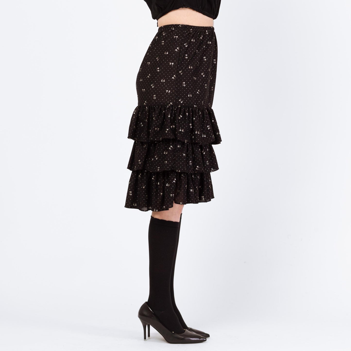 Vintage 80s Black Silver Bow Print Midi Skirt - Medium | High Waist Knee Length Ruffle Holiday Party Skirt