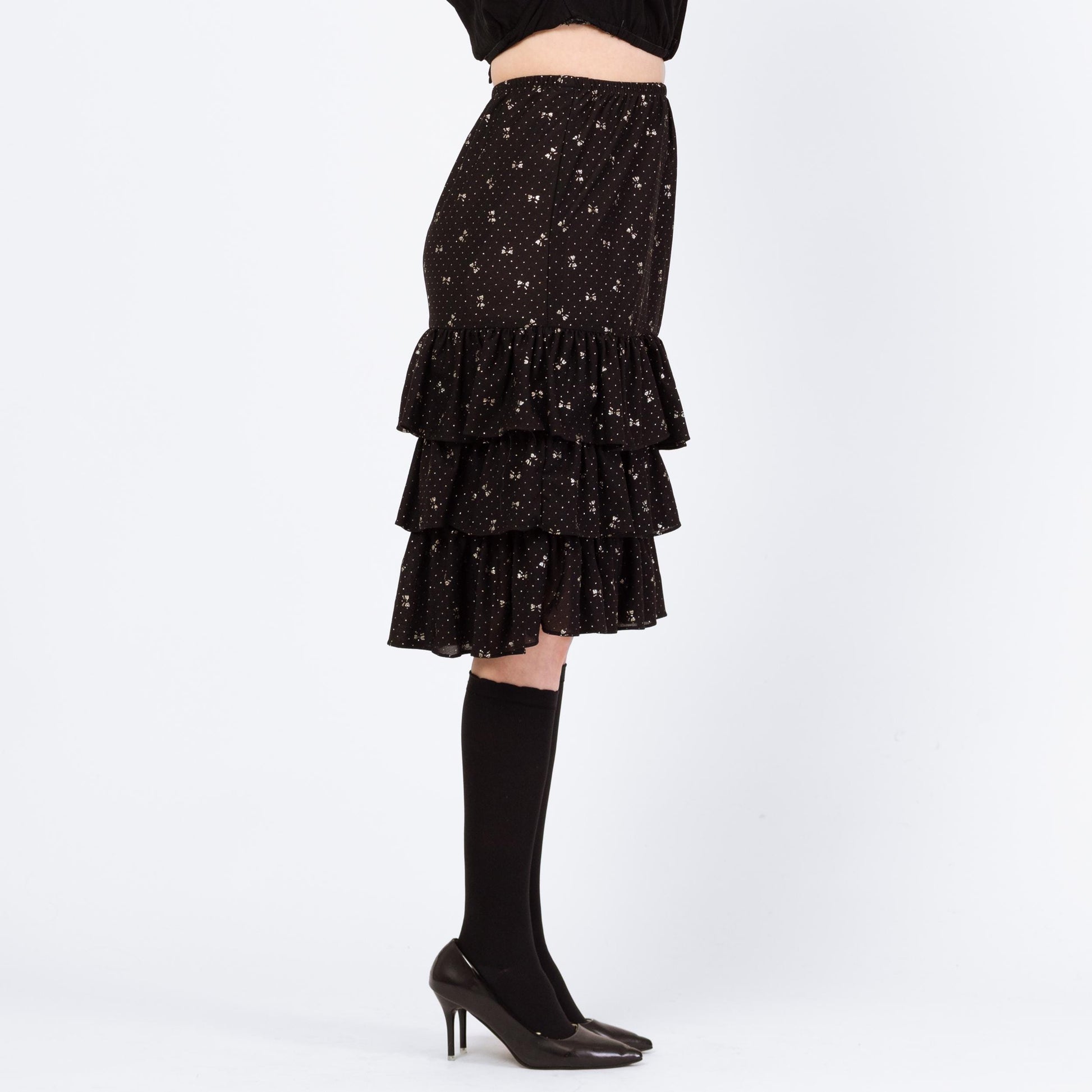 Vintage 80s Black Silver Bow Print Midi Skirt - Medium | High Waist Knee Length Ruffle Holiday Party Skirt