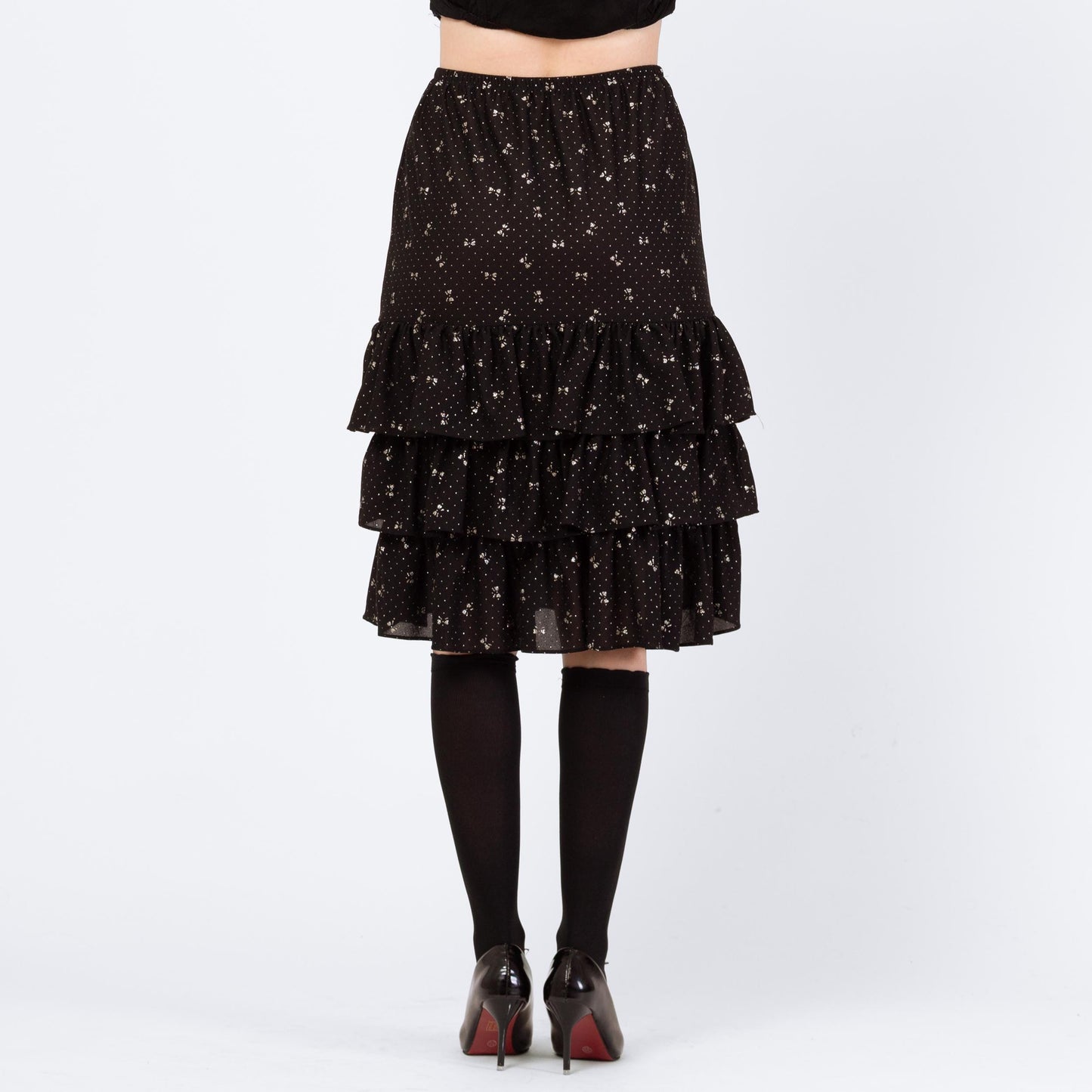 Vintage 80s Black Silver Bow Print Midi Skirt - Medium | High Waist Knee Length Ruffle Holiday Party Skirt