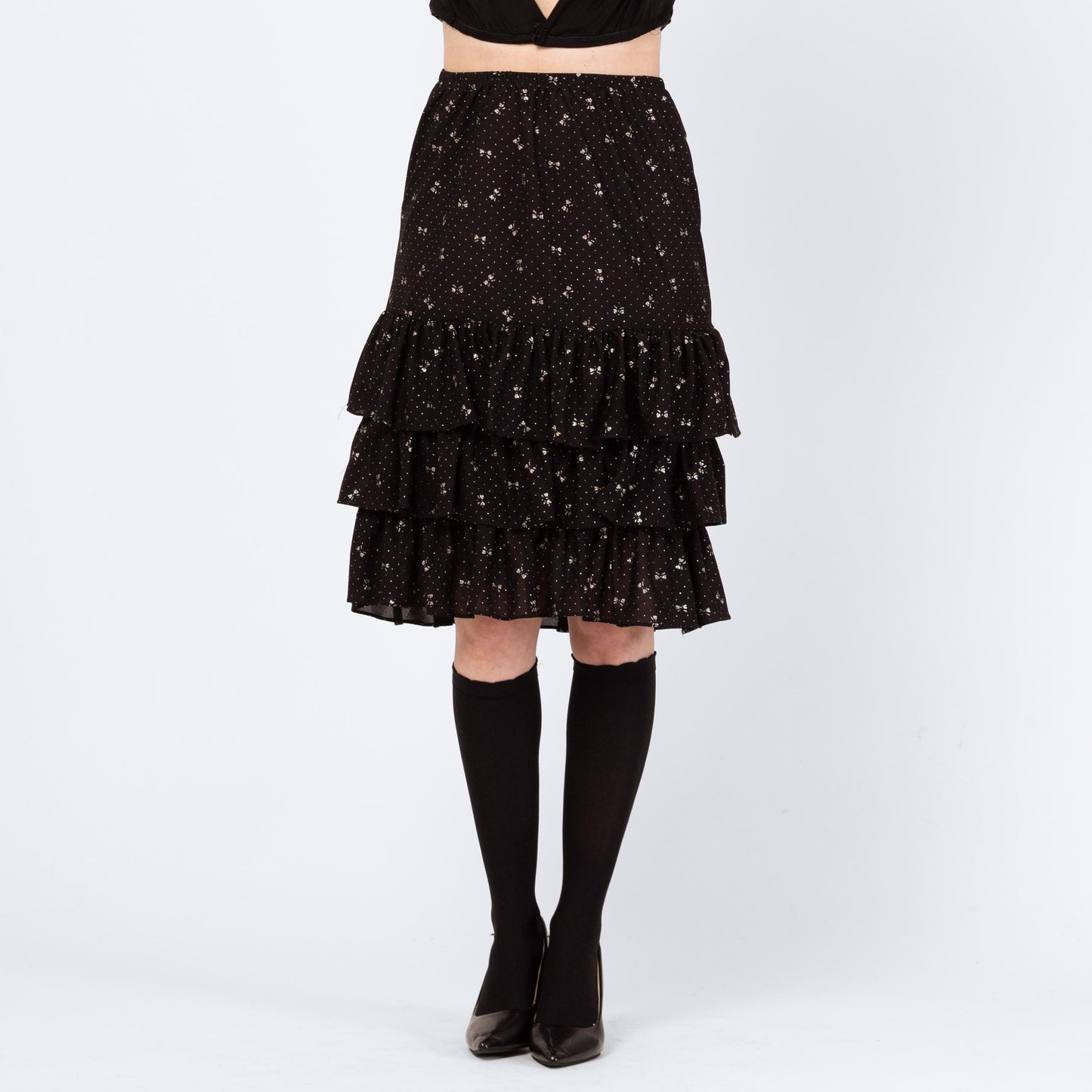 Vintage 80s Black Silver Bow Print Midi Skirt - Medium | High Waist Knee Length Ruffle Holiday Party Skirt