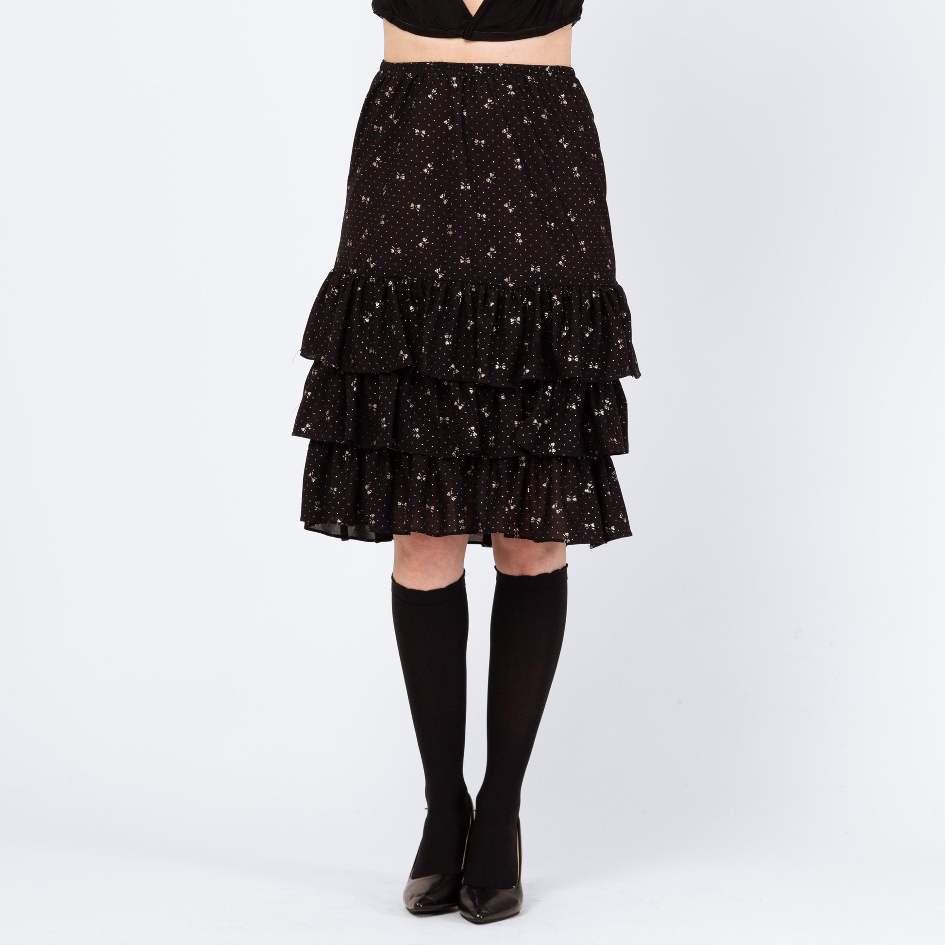 Vintage 80s Black Silver Bow Print Midi Skirt - Medium | High Waist Knee Length Ruffle Holiday Party Skirt