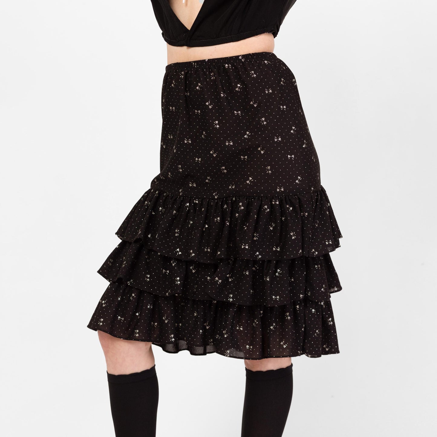 Vintage 80s Black Silver Bow Print Midi Skirt - Medium | High Waist Knee Length Ruffle Holiday Party Skirt