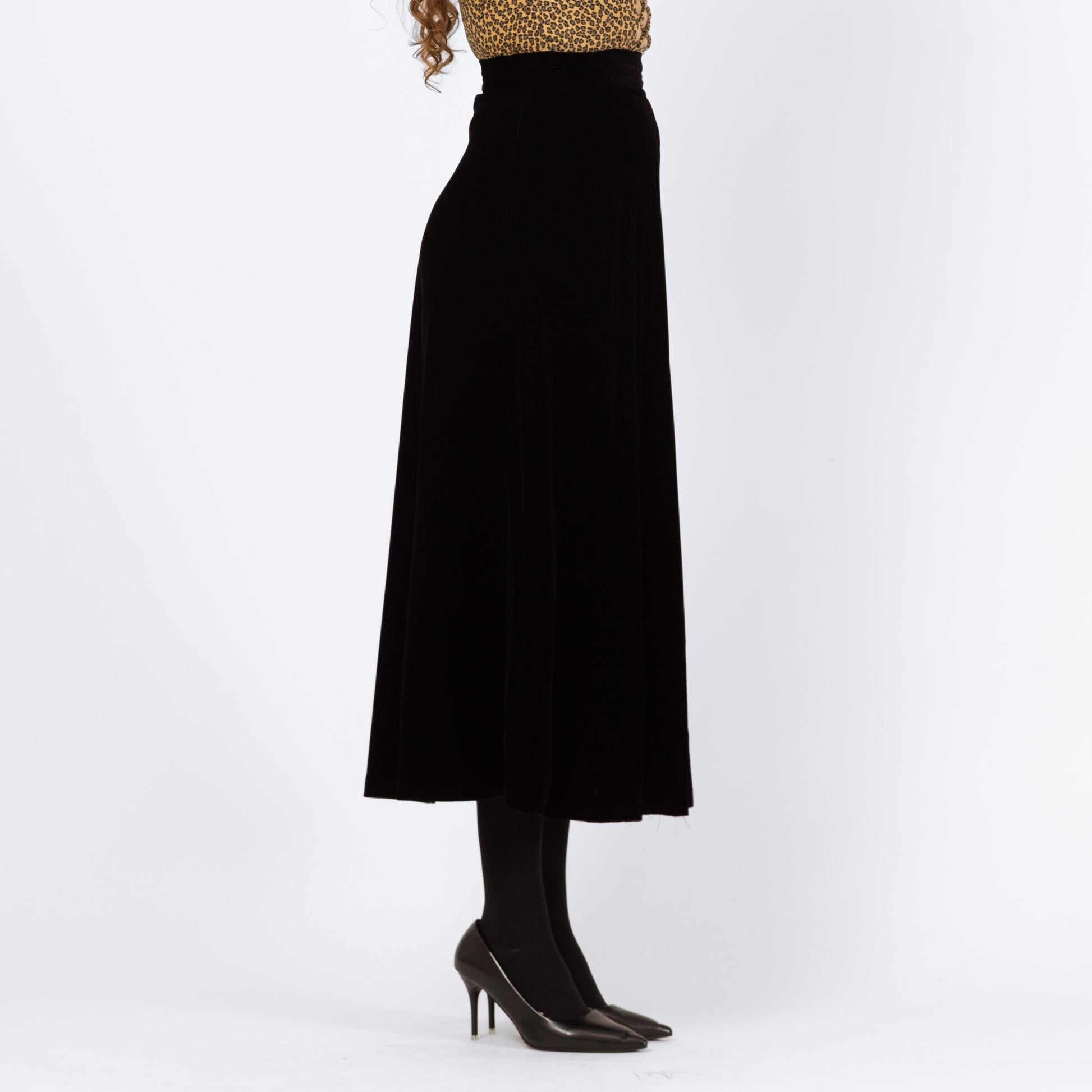 Vintage 80s Black Velvet Midi Swing Skirt - Small, 25.5" Waist | Minimalist High Waisted A Line Flowy Skirt