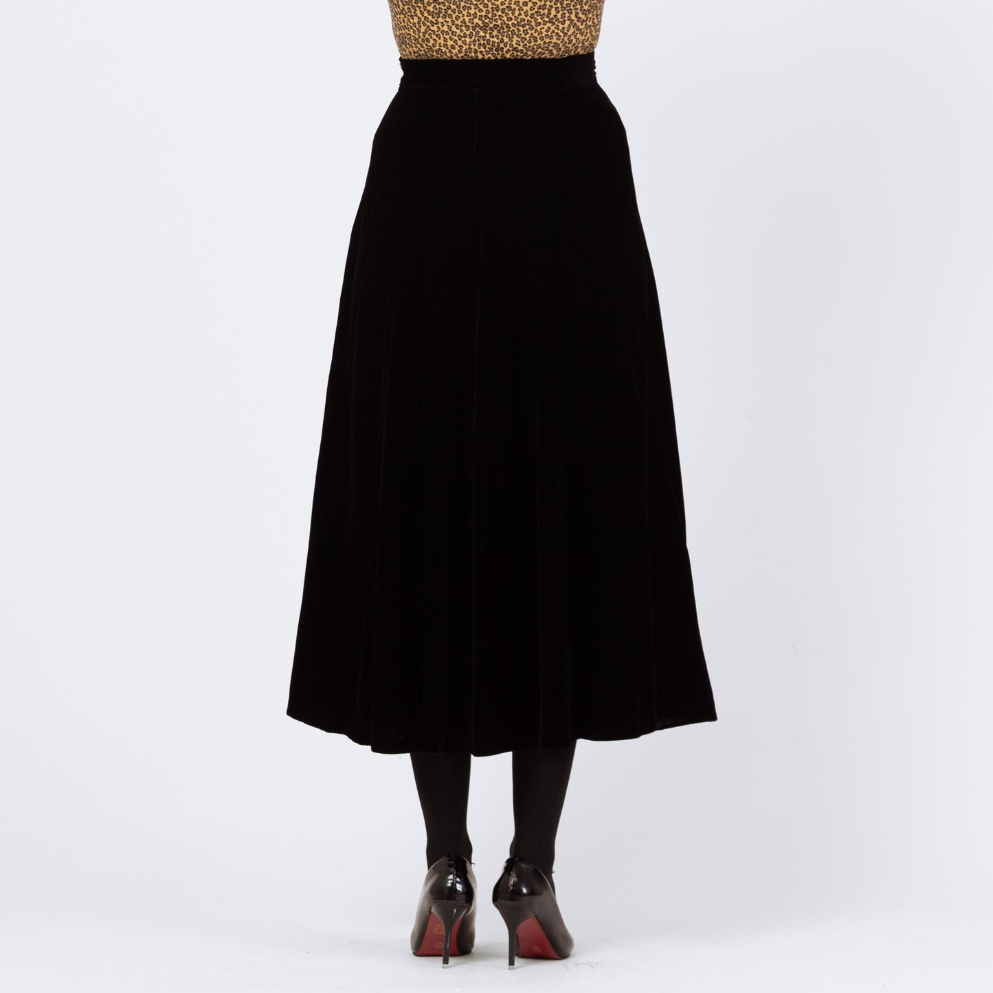 Vintage 80s Black Velvet Midi Swing Skirt - Small, 25.5" Waist | Minimalist High Waisted A Line Flowy Skirt