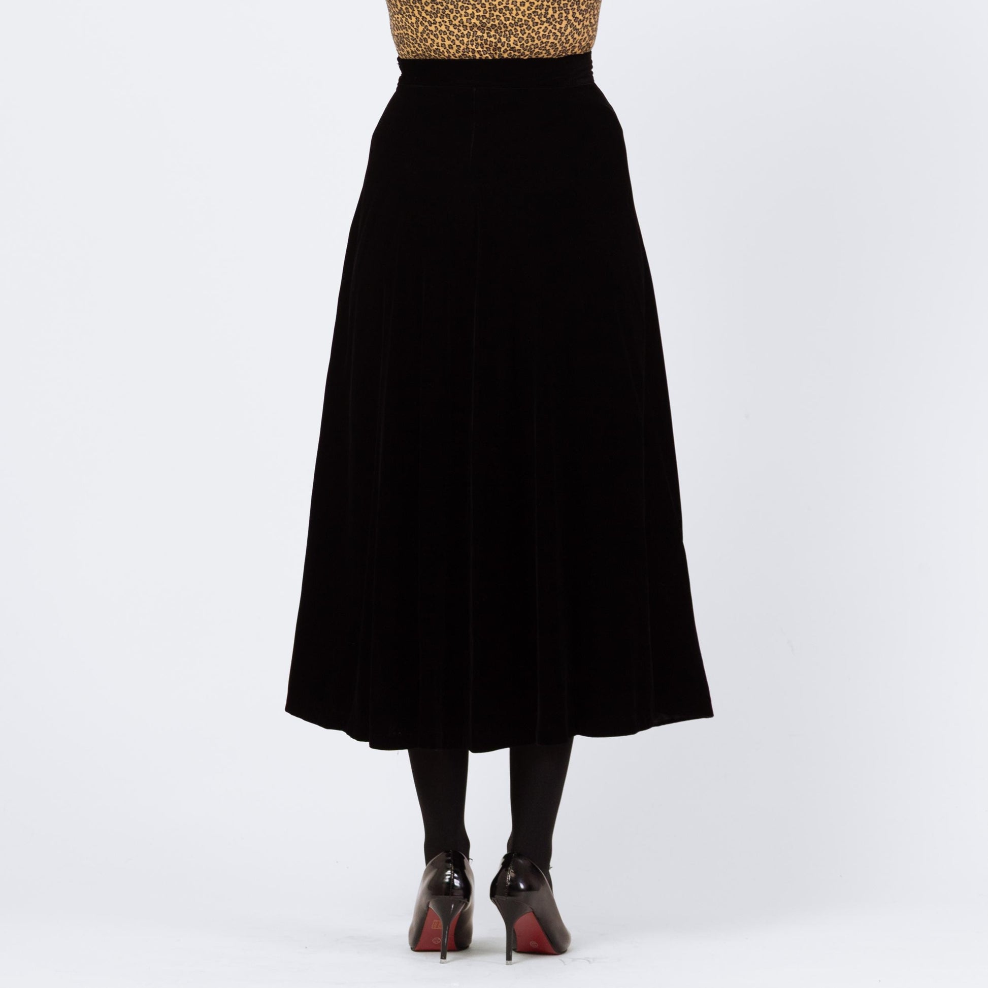 Vintage 80s Black Velvet Midi Swing Skirt - Small, 25.5" Waist | Minimalist High Waisted A Line Flowy Skirt