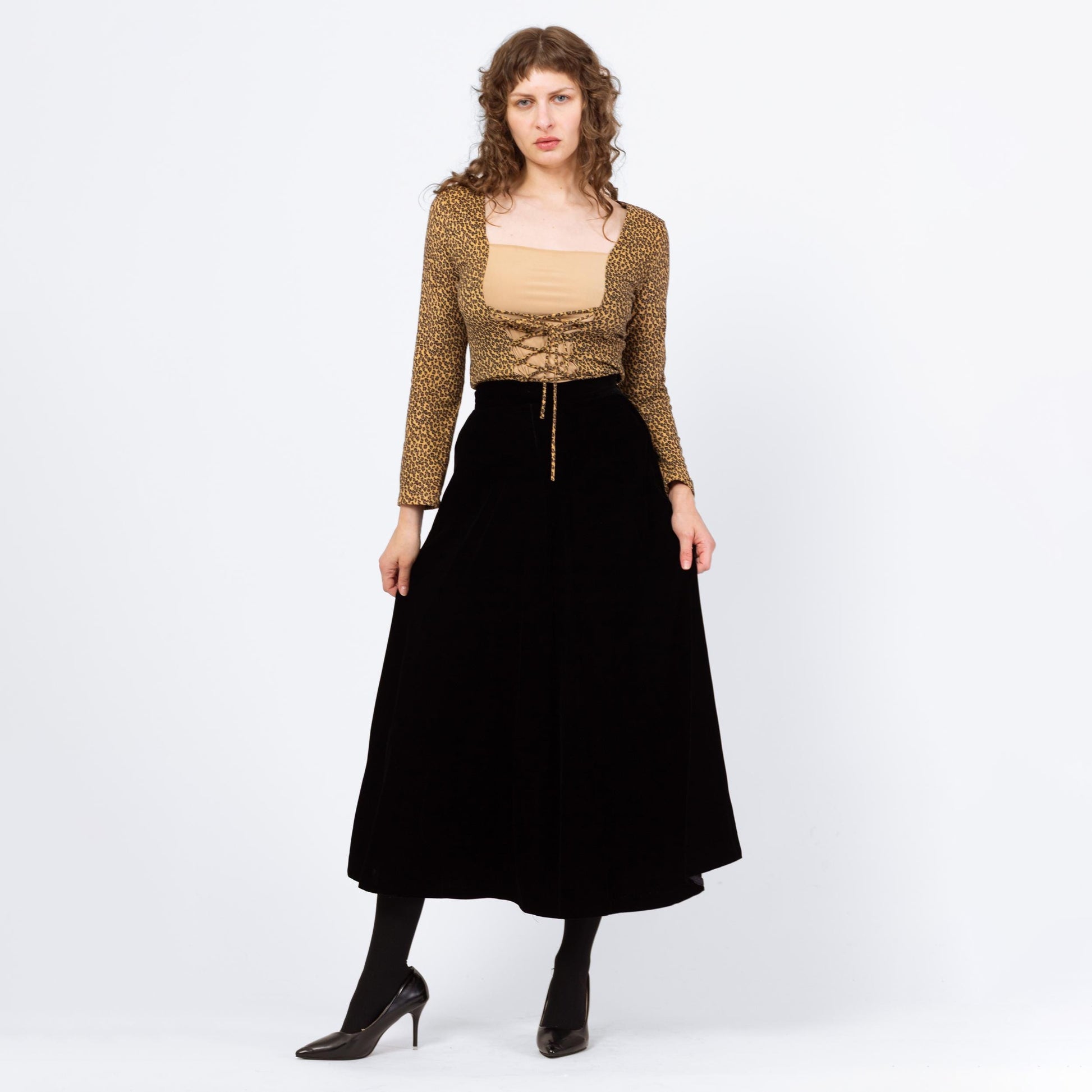 Vintage 80s Black Velvet Midi Swing Skirt - Small, 25.5" Waist | Minimalist High Waisted A Line Flowy Skirt