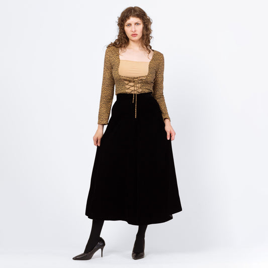 Vintage 80s Black Velvet Midi Swing Skirt - Small, 25.5" Waist | Minimalist High Waisted A Line Flowy Skirt