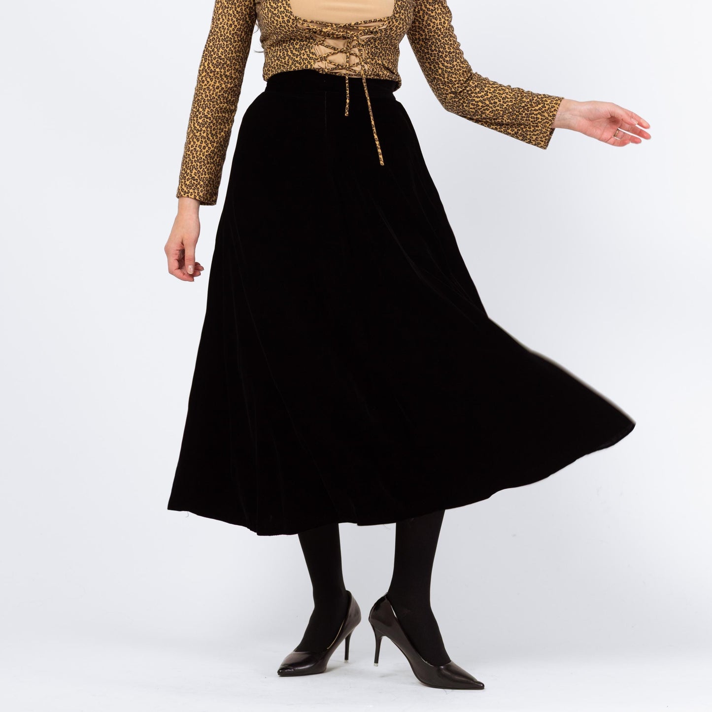 Vintage 80s Black Velvet Midi Swing Skirt - Small, 25.5" Waist | Minimalist High Waisted A Line Flowy Skirt