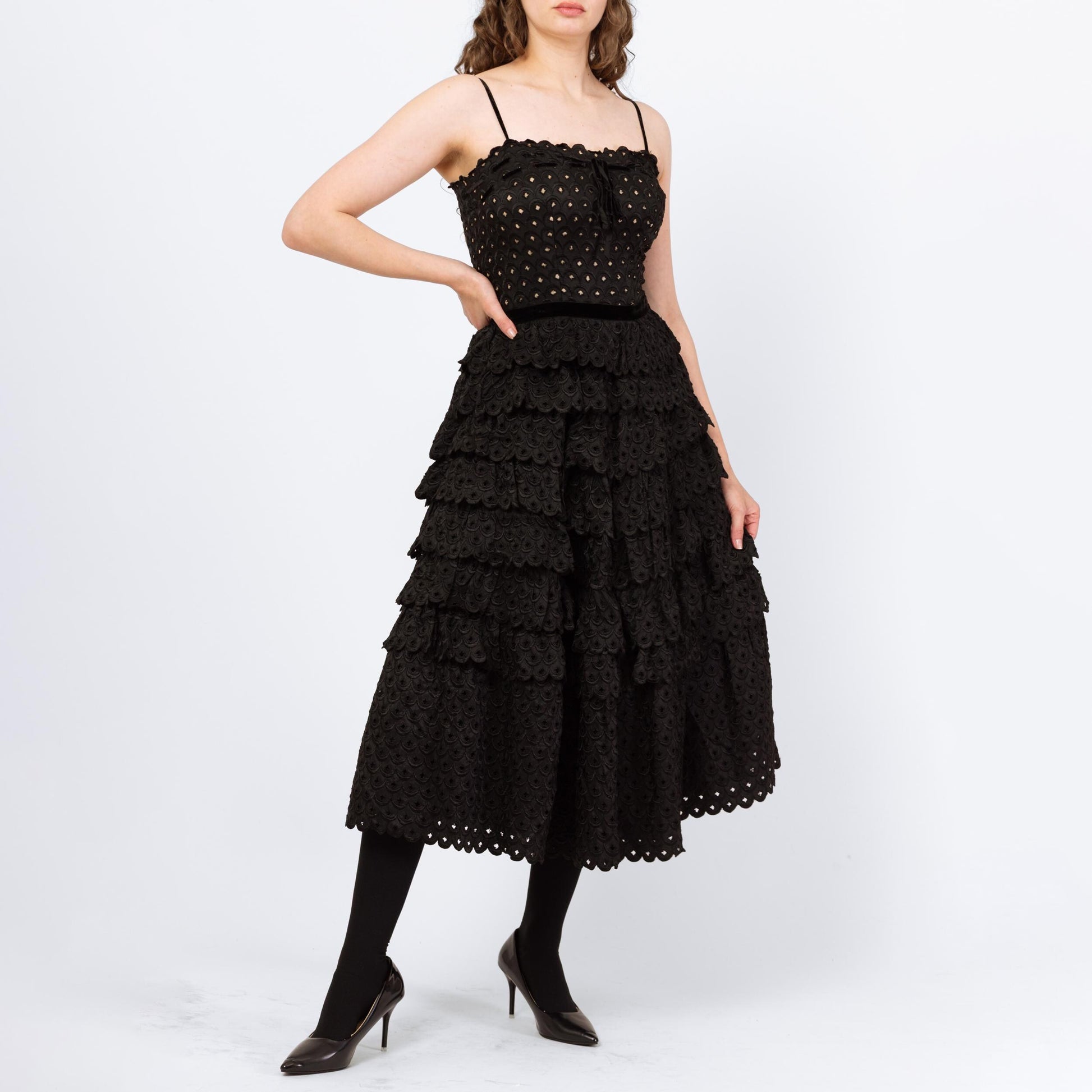 Vintage 50s Fred Perlberg Black Scalloped Eyelet Taffeta Party Dress - Small | 1950s Sleeveless Cupcake Dance Circle Dress