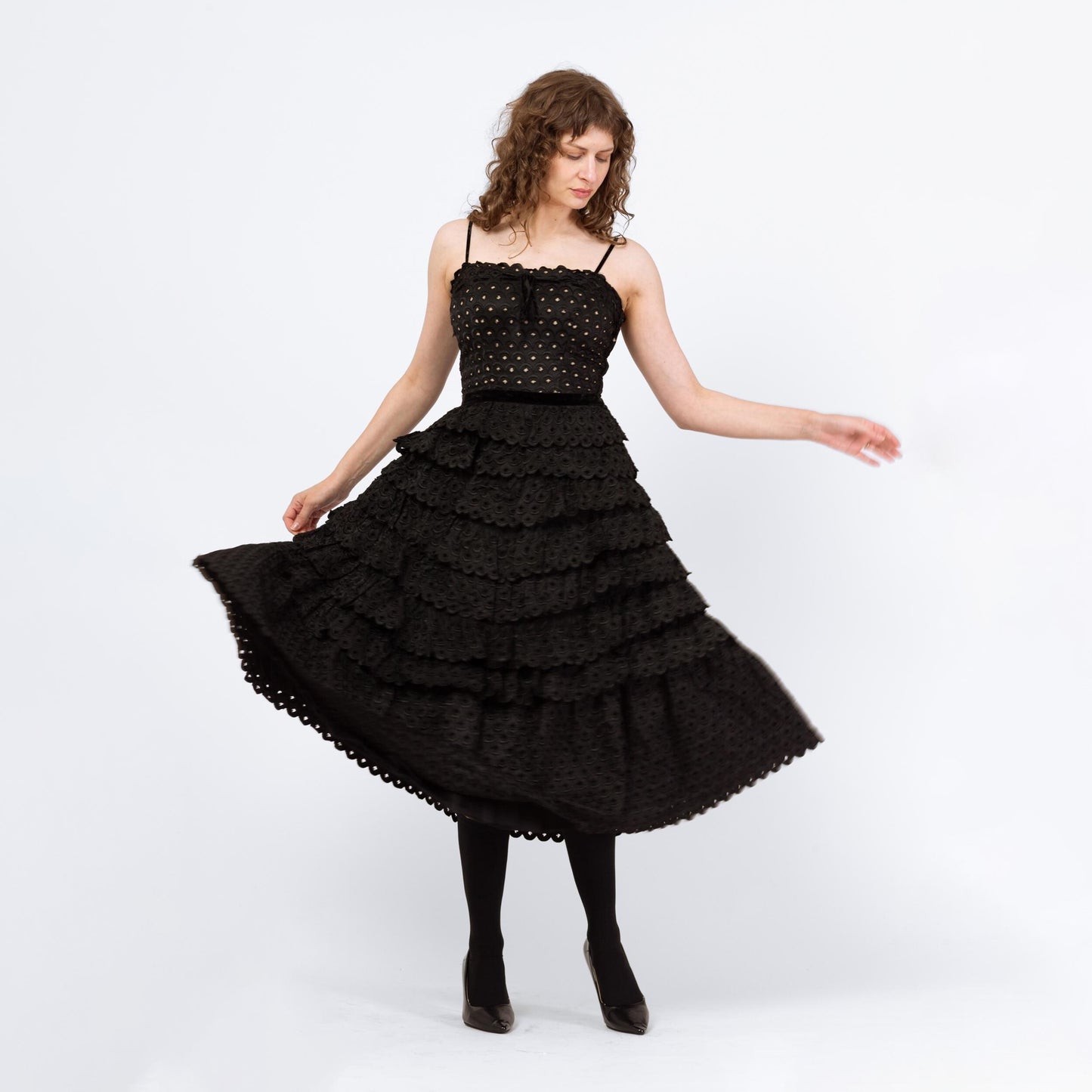 Vintage 50s Fred Perlberg Black Scalloped Eyelet Taffeta Party Dress - Small | 1950s Sleeveless Cupcake Dance Circle Dress