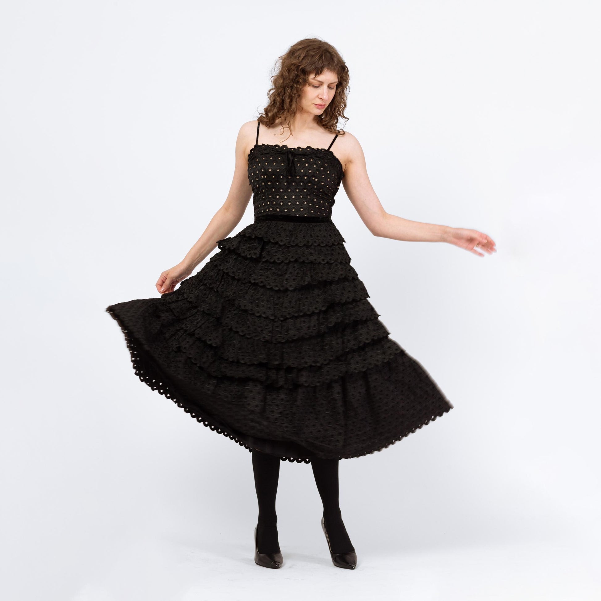 Vintage 50s Fred Perlberg Black Scalloped Eyelet Taffeta Party Dress - Small | 1950s Sleeveless Cupcake Dance Circle Dress