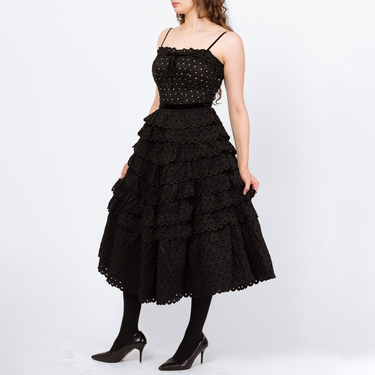 Vintage 50s Fred Perlberg Black Scalloped Eyelet Taffeta Party Dress - Small | 1950s Sleeveless Cupcake Dance Circle Dress