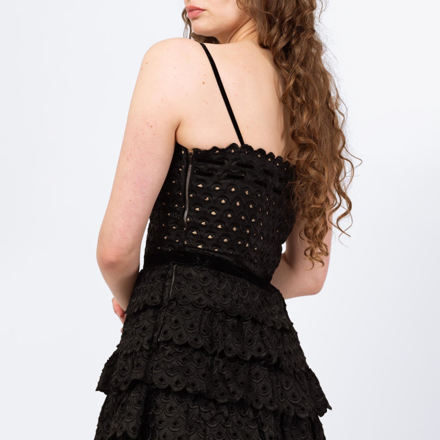 Vintage 50s Fred Perlberg Black Scalloped Eyelet Taffeta Party Dress - Small | 1950s Sleeveless Cupcake Dance Circle Dress