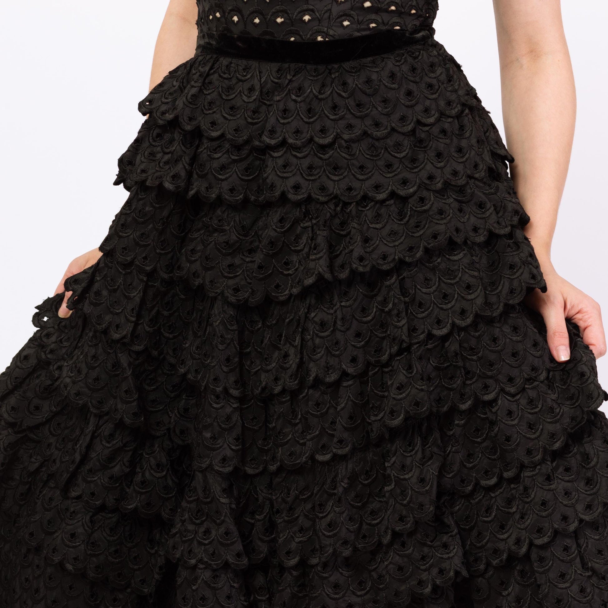 Vintage 50s Fred Perlberg Black Scalloped Eyelet Taffeta Party Dress - Small | 1950s Sleeveless Cupcake Dance Circle Dress