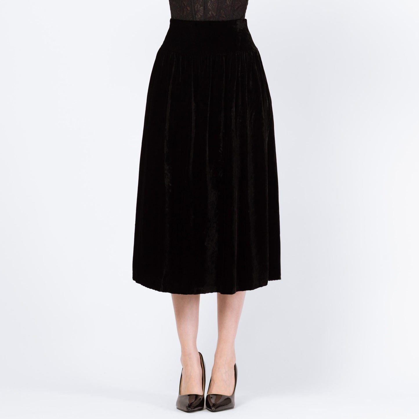 Vintage 90s Black Velvet Drop Waist Midi Skirt - Extra Small, 25" Waist | Scott McClintock Minimalist High Waisted A Line Formal Skirt