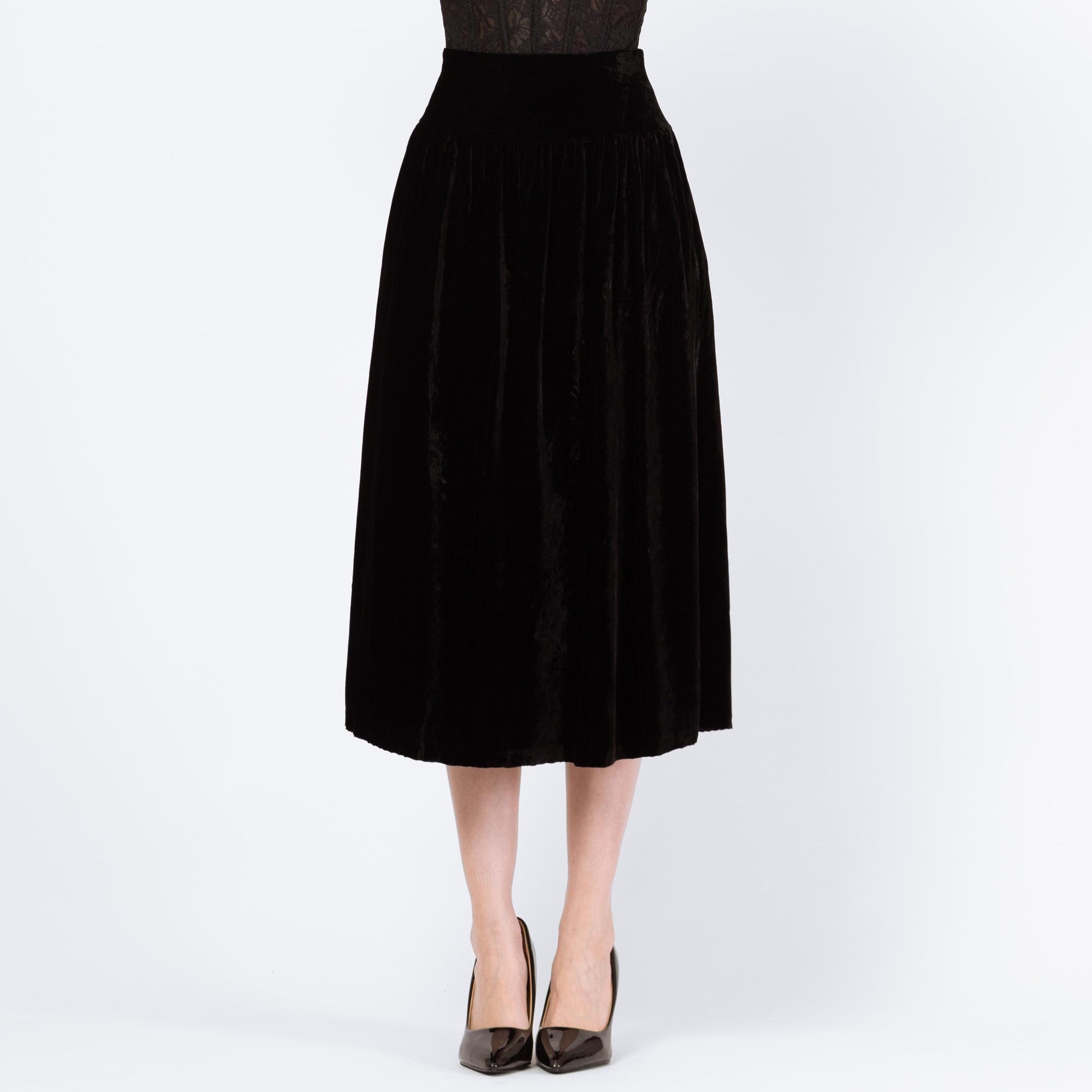 Vintage 90s Black Velvet Drop Waist Midi Skirt - Extra Small, 25" Waist | Scott McClintock Minimalist High Waisted A Line Formal Skirt