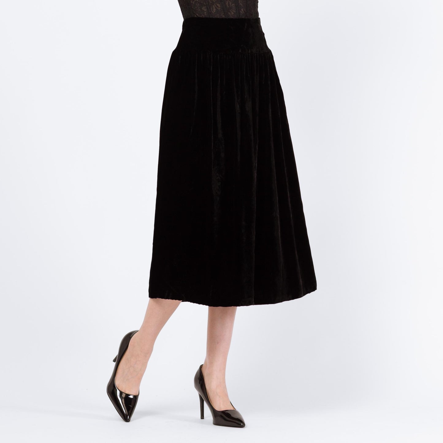 Vintage 90s Black Velvet Drop Waist Midi Skirt - Extra Small, 25" Waist | Scott McClintock Minimalist High Waisted A Line Formal Skirt