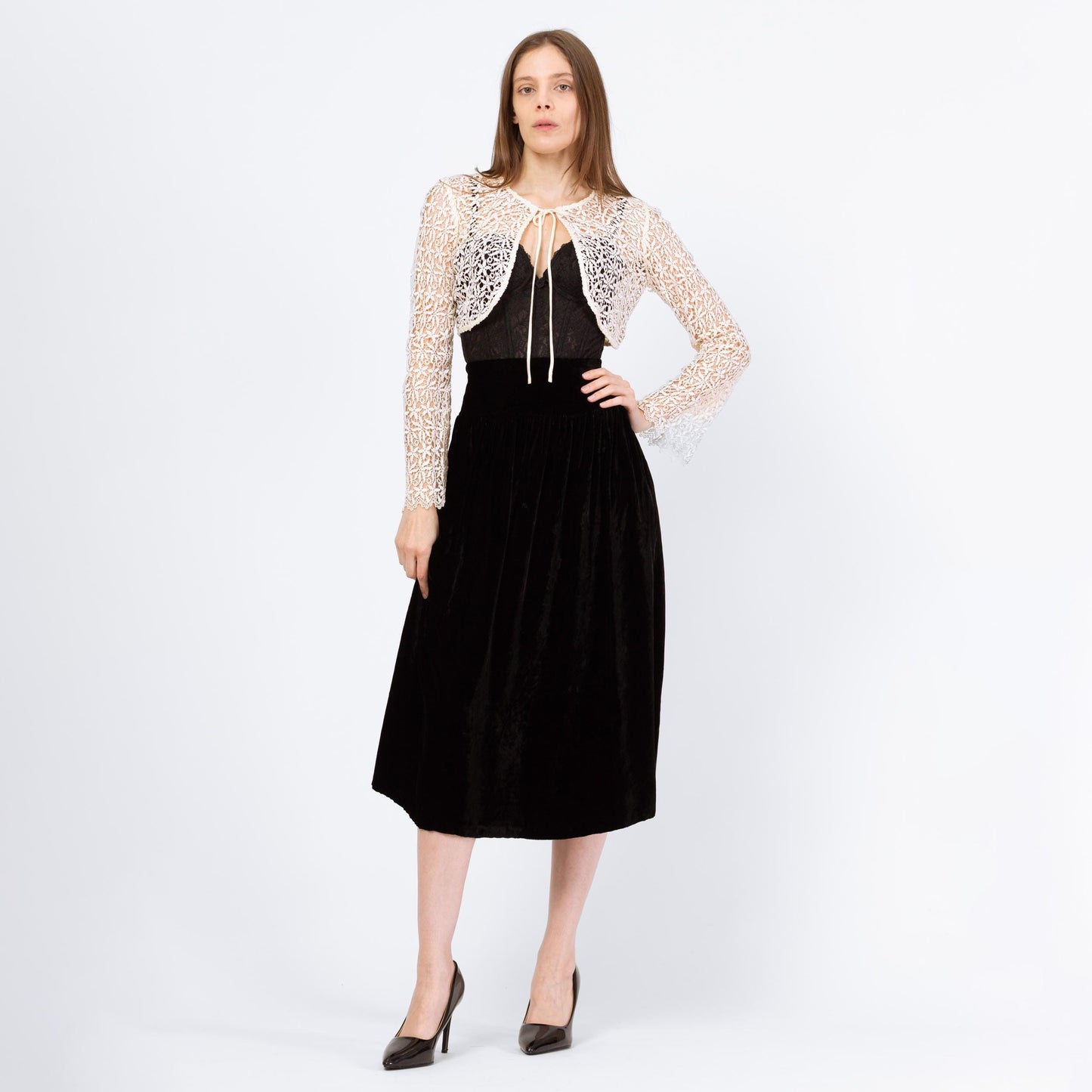 Vintage 90s Black Velvet Drop Waist Midi Skirt - Extra Small, 25" Waist | Scott McClintock Minimalist High Waisted A Line Formal Skirt