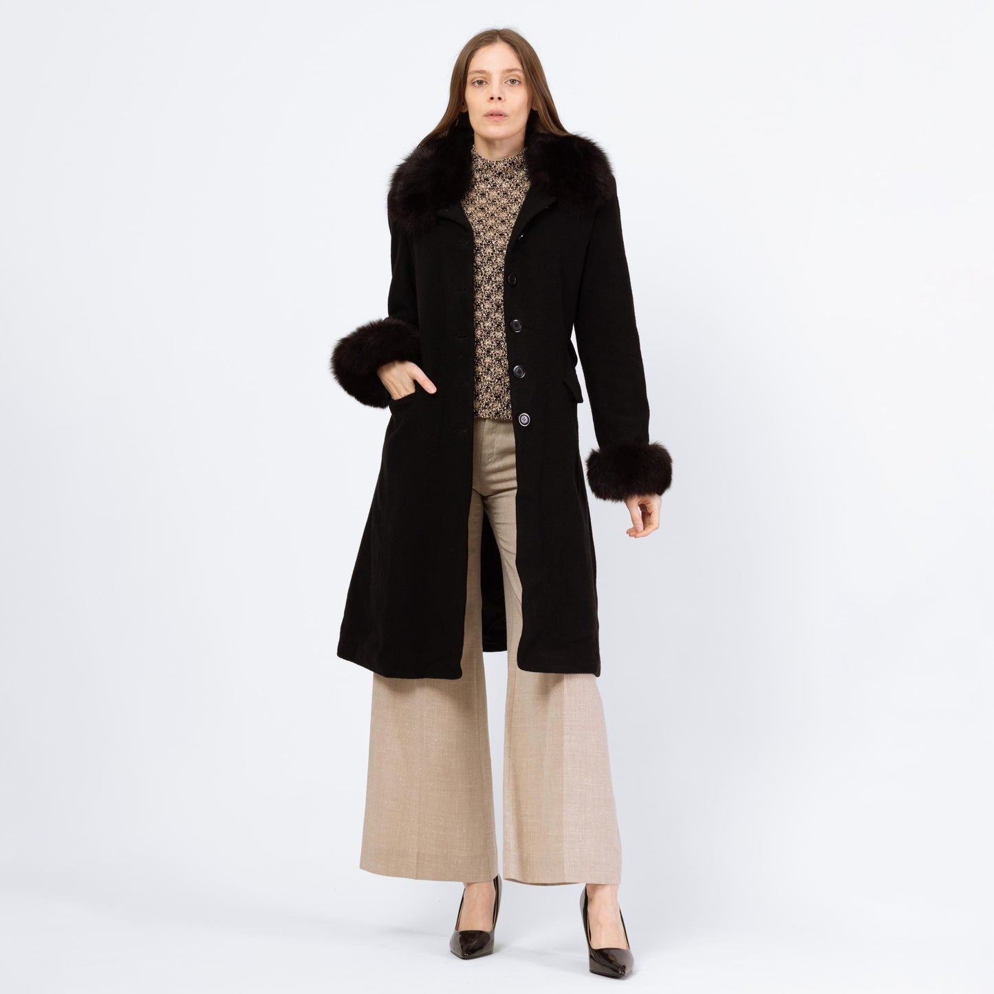 Vintage 80s Black Wool Fox Fur Trim Princess Coat - Small | Marvin Richards Single Breasted Button Up Mid Length Winter Overcoat