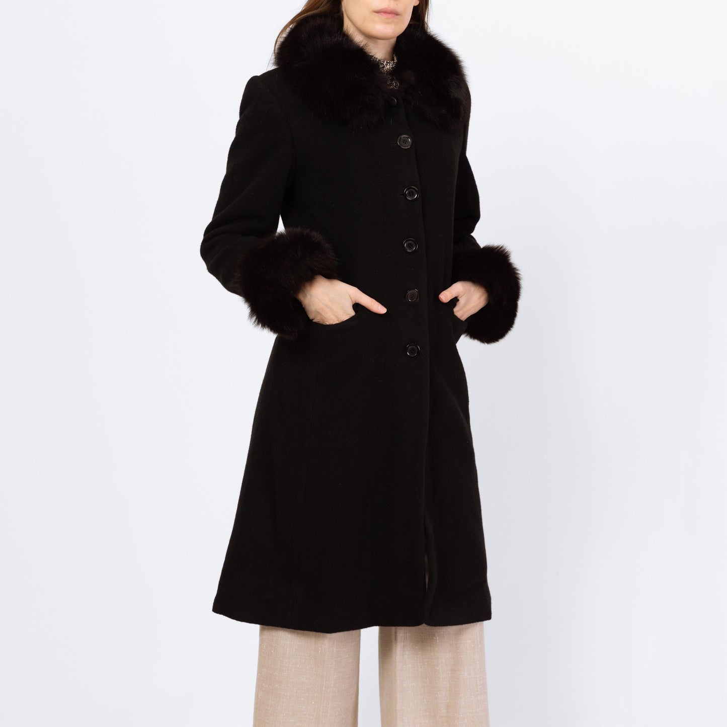 Vintage 80s Black Wool Fox Fur Trim Princess Coat - Small | Marvin Richards Single Breasted Button Up Mid Length Winter Overcoat