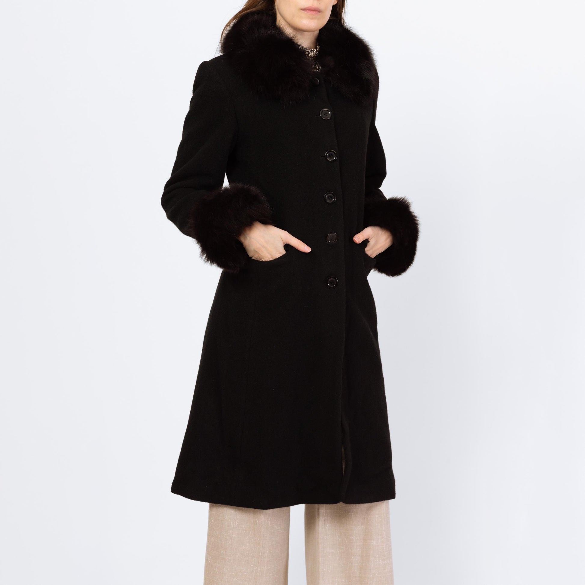 Vintage 80s Black Wool Fox Fur Trim Princess Coat - Small | Marvin Richards Single Breasted Button Up Mid Length Winter Overcoat