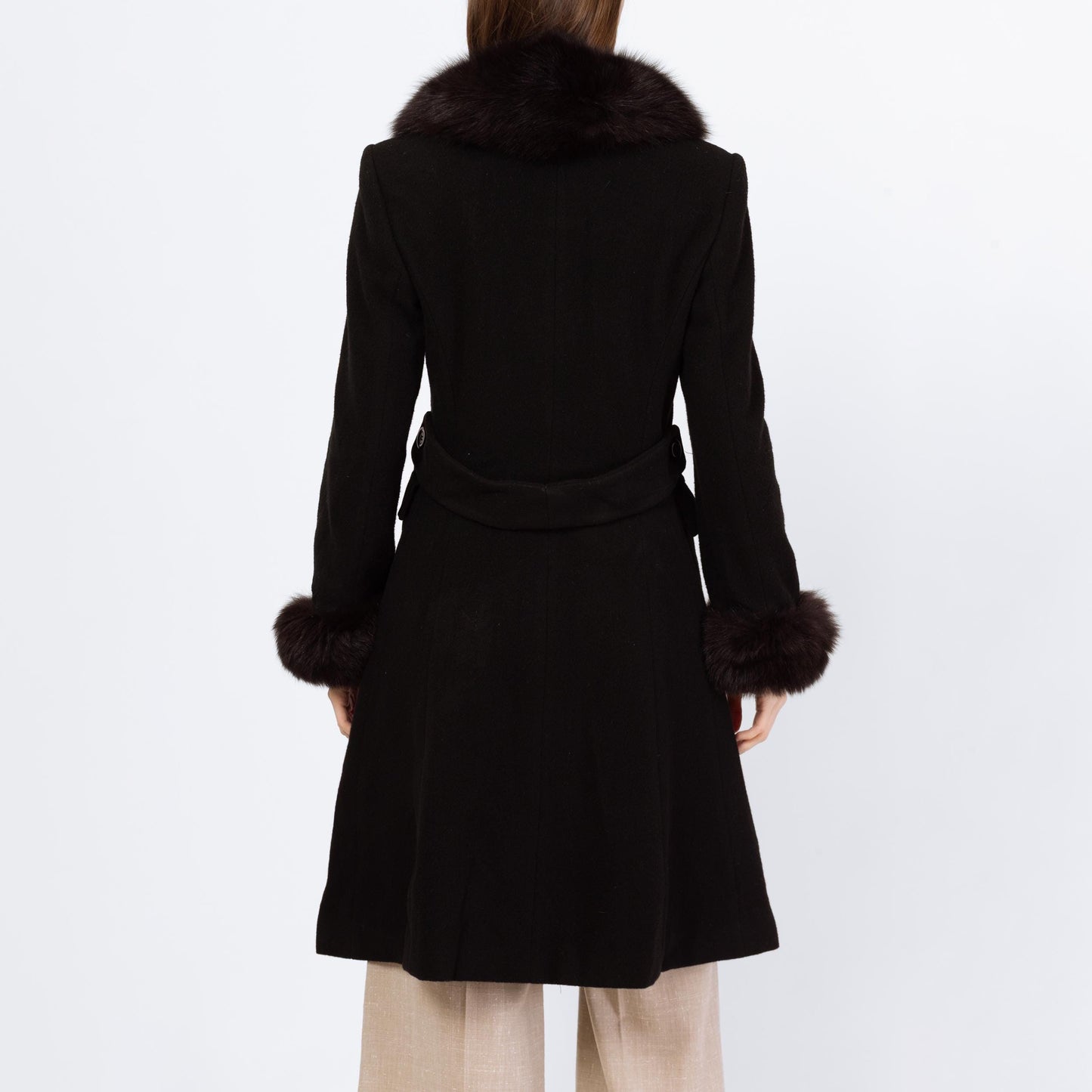 Vintage 80s Black Wool Fox Fur Trim Princess Coat - Small | Marvin Richards Single Breasted Button Up Mid Length Winter Overcoat