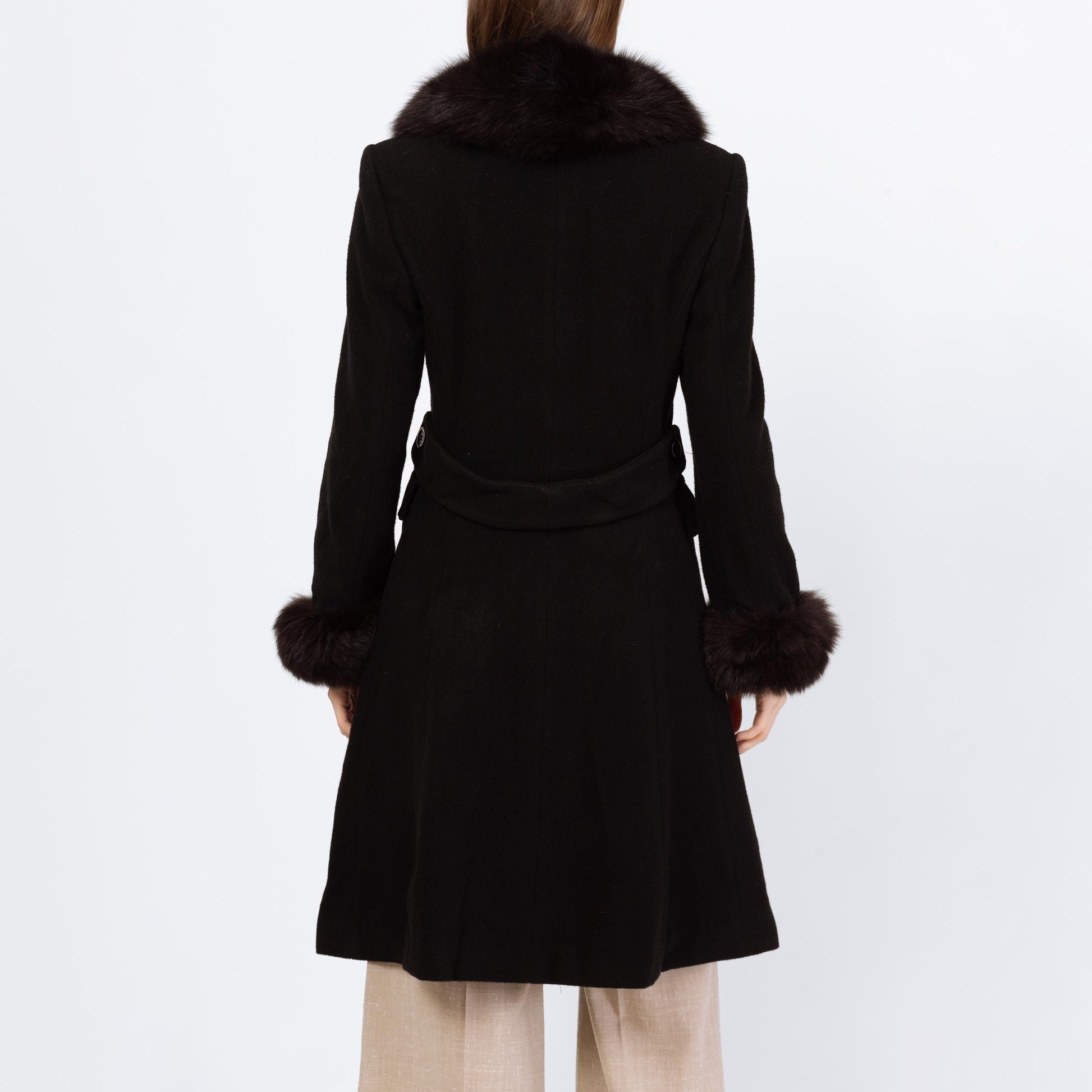 Vintage 80s Black Wool Fox Fur Trim Princess Coat - Small | Marvin Richards Single Breasted Button Up Mid Length Winter Overcoat