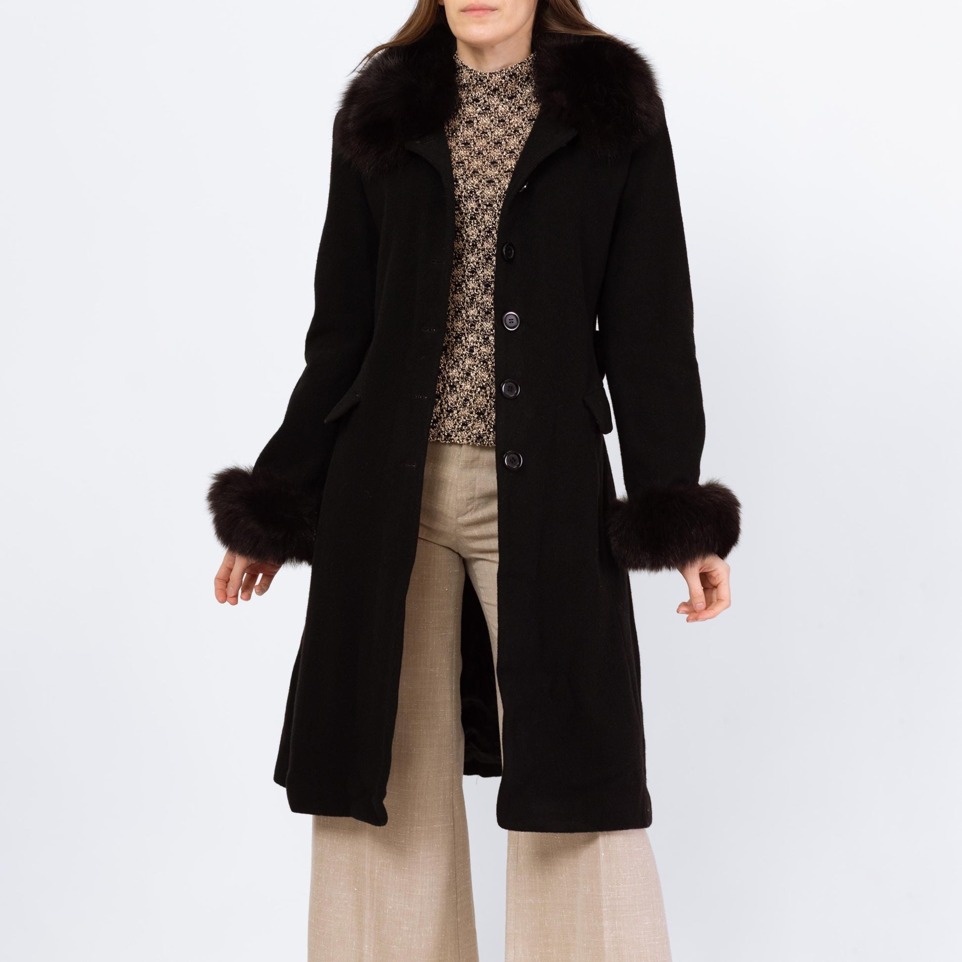 Vintage 80s Black Wool Fox Fur Trim Princess Coat - Small | Marvin Richards Single Breasted Button Up Mid Length Winter Overcoat