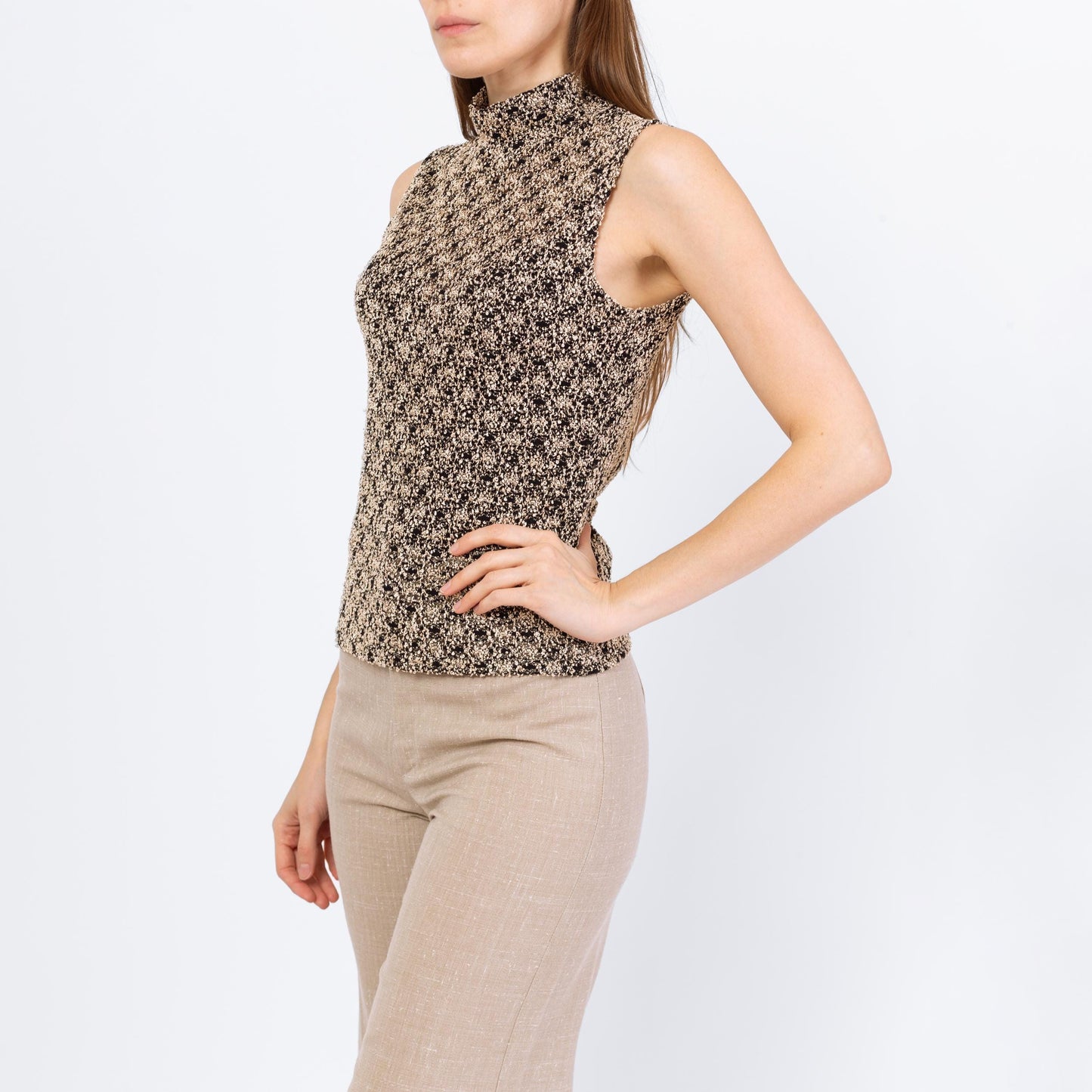 Vintage 90s Two Tone Boucle Knit Tank Top - Small | Minimalist Stretchy Open Weave Sleeveless Mockneck Shirt