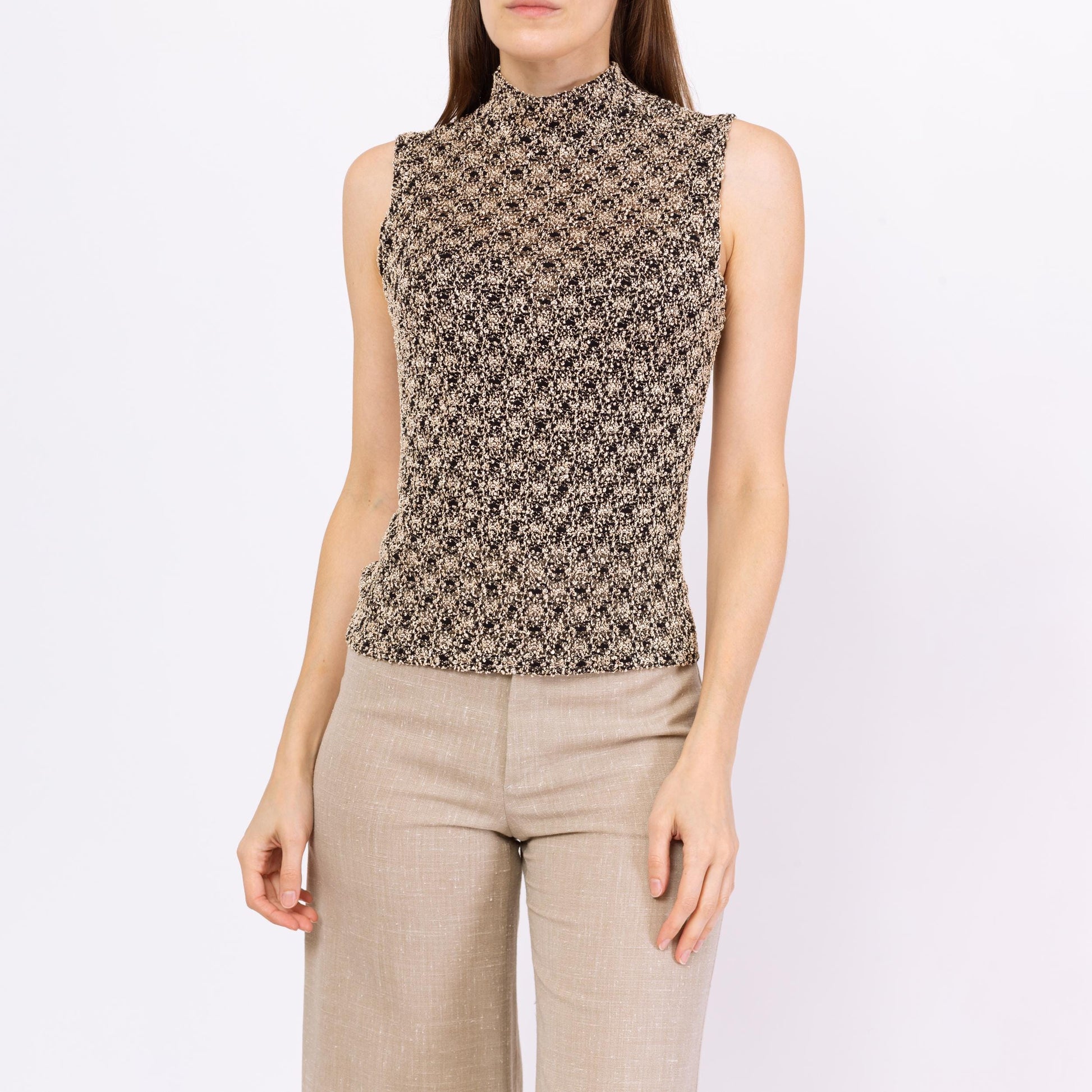 Vintage 90s Two Tone Boucle Knit Tank Top - Small | Minimalist Stretchy Open Weave Sleeveless Mockneck Shirt