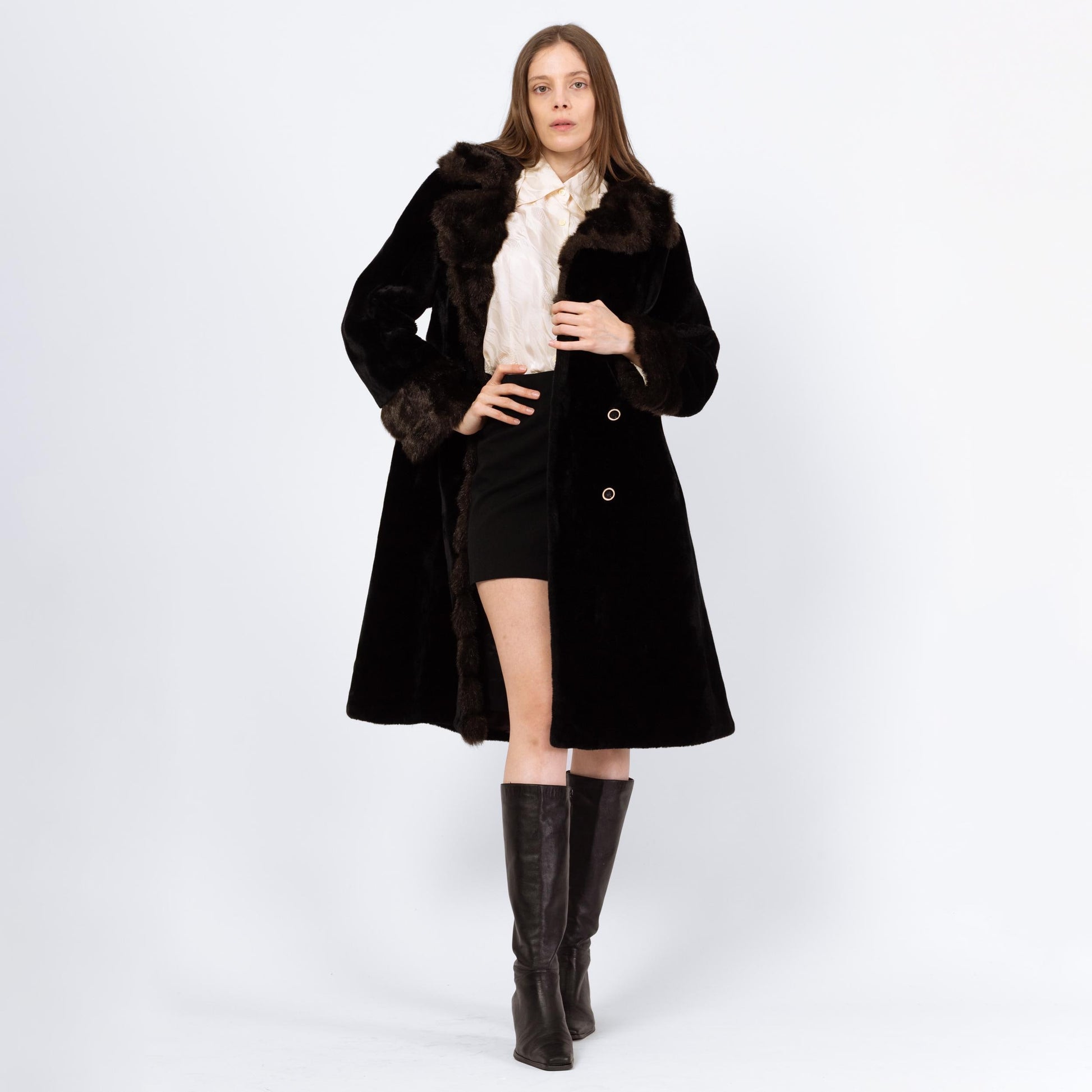 Vintage 70s Faux Fur Princess Coat - Small to Medium | Two Tone Black & Brown Glam Plush Winter Teddy Jacket