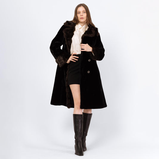 Vintage 70s Faux Fur Princess Coat - Small to Medium | Two Tone Black & Brown Glam Plush Winter Teddy Jacket
