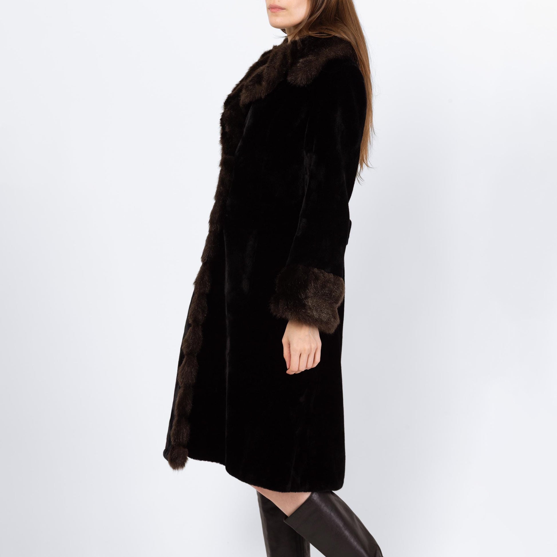 Vintage 70s Faux Fur Princess Coat - Small to Medium | Two Tone Black & Brown Glam Plush Winter Teddy Jacket