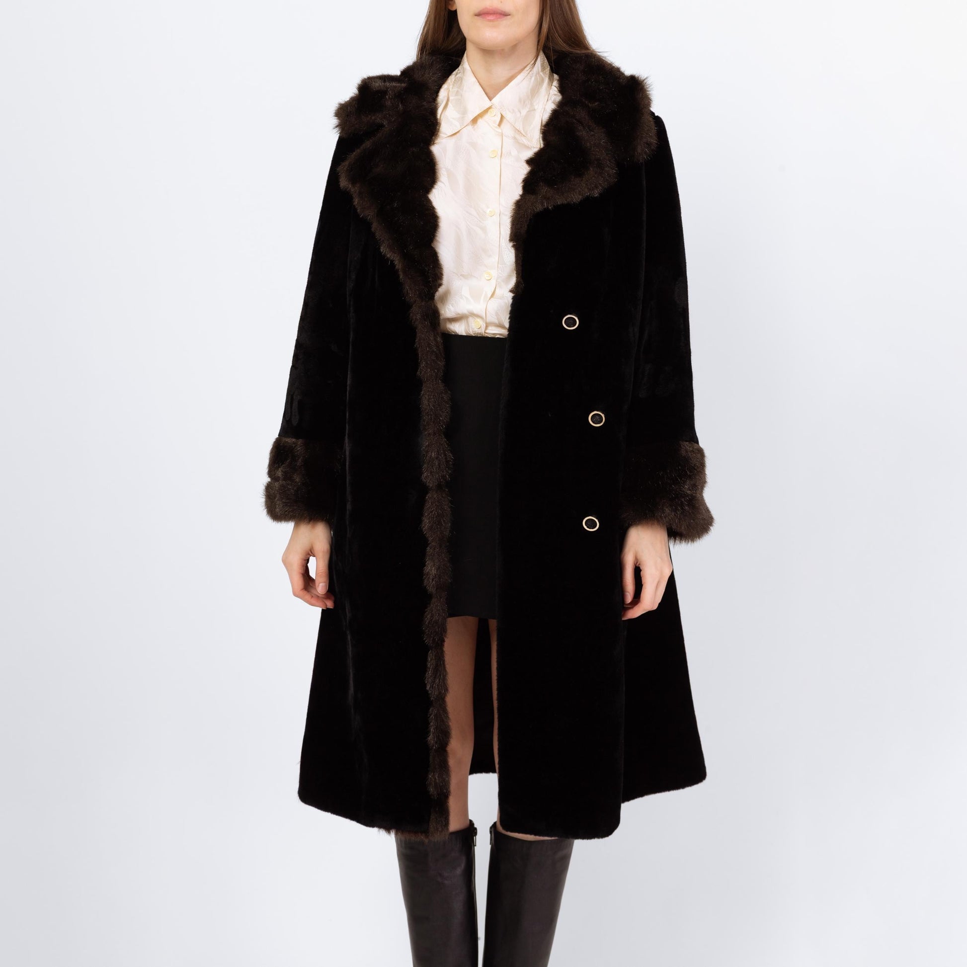 Vintage 70s Faux Fur Princess Coat - Small to Medium | Two Tone Black & Brown Glam Plush Winter Teddy Jacket