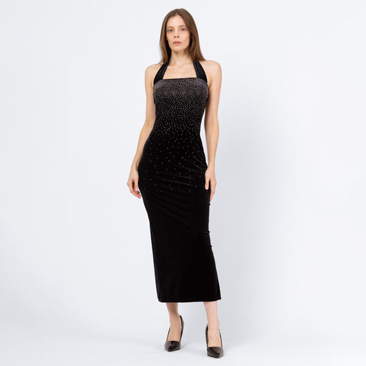 Vintage 90s Y2K Black Velvet Sparkle Bodycon Gown - Petite Extra Small | 2000s Scott McClintock Halter Neck Formal Maxi Party Dress