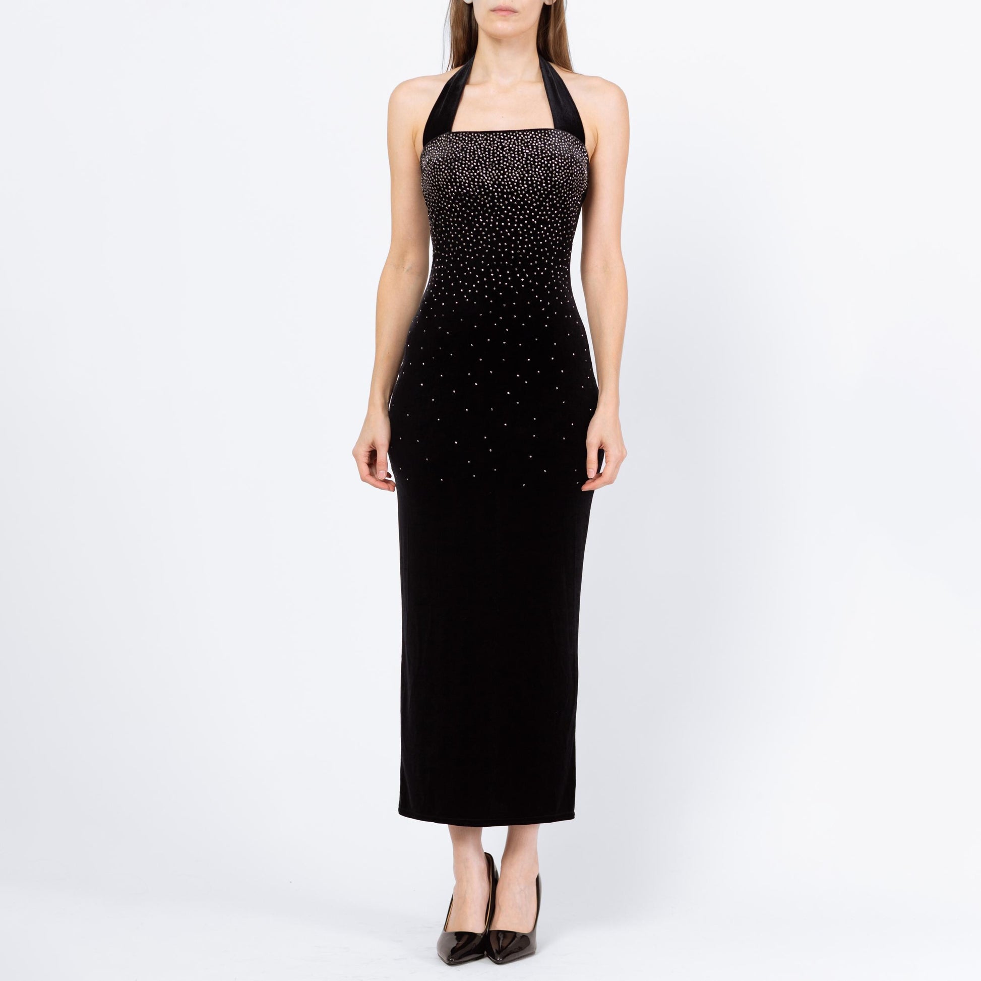 Vintage 90s Y2K Black Velvet Sparkle Bodycon Gown - Petite Extra Small | 2000s Scott McClintock Halter Neck Formal Maxi Party Dress