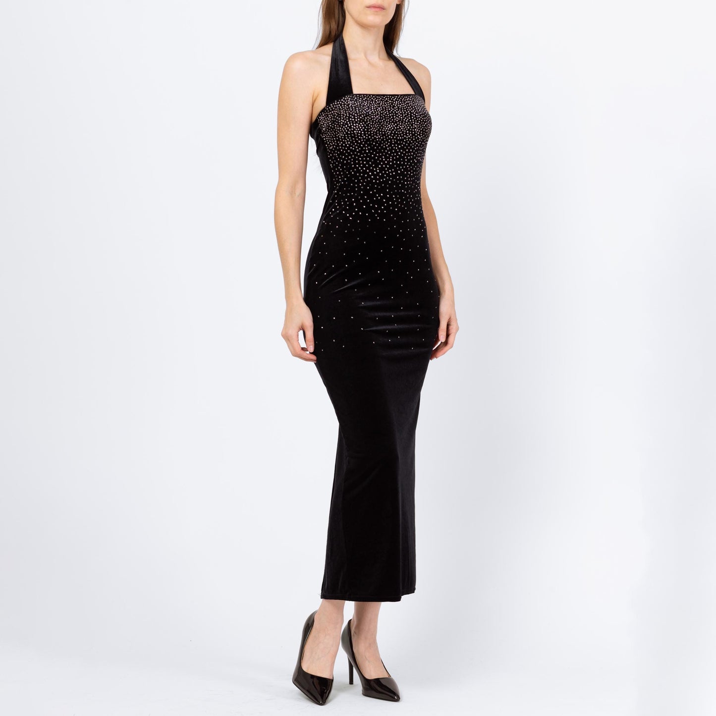 Vintage 90s Y2K Black Velvet Sparkle Bodycon Gown - Petite Extra Small | 2000s Scott McClintock Halter Neck Formal Maxi Party Dress