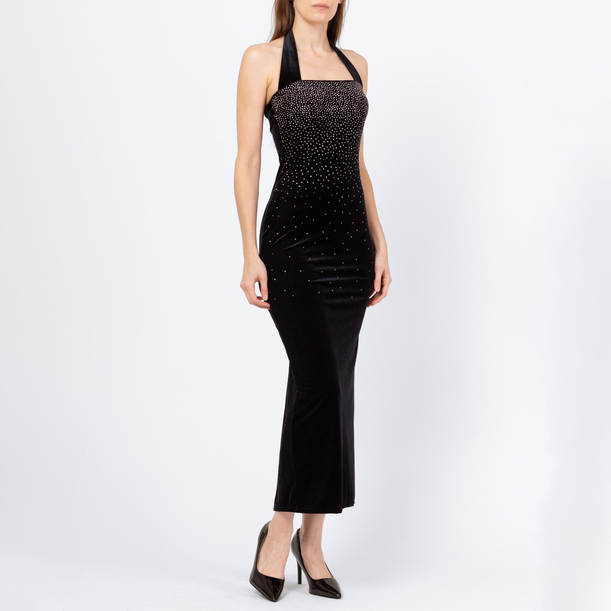 Vintage 90s Y2K Black Velvet Sparkle Bodycon Gown - Petite Extra Small | 2000s Scott McClintock Halter Neck Formal Maxi Party Dress