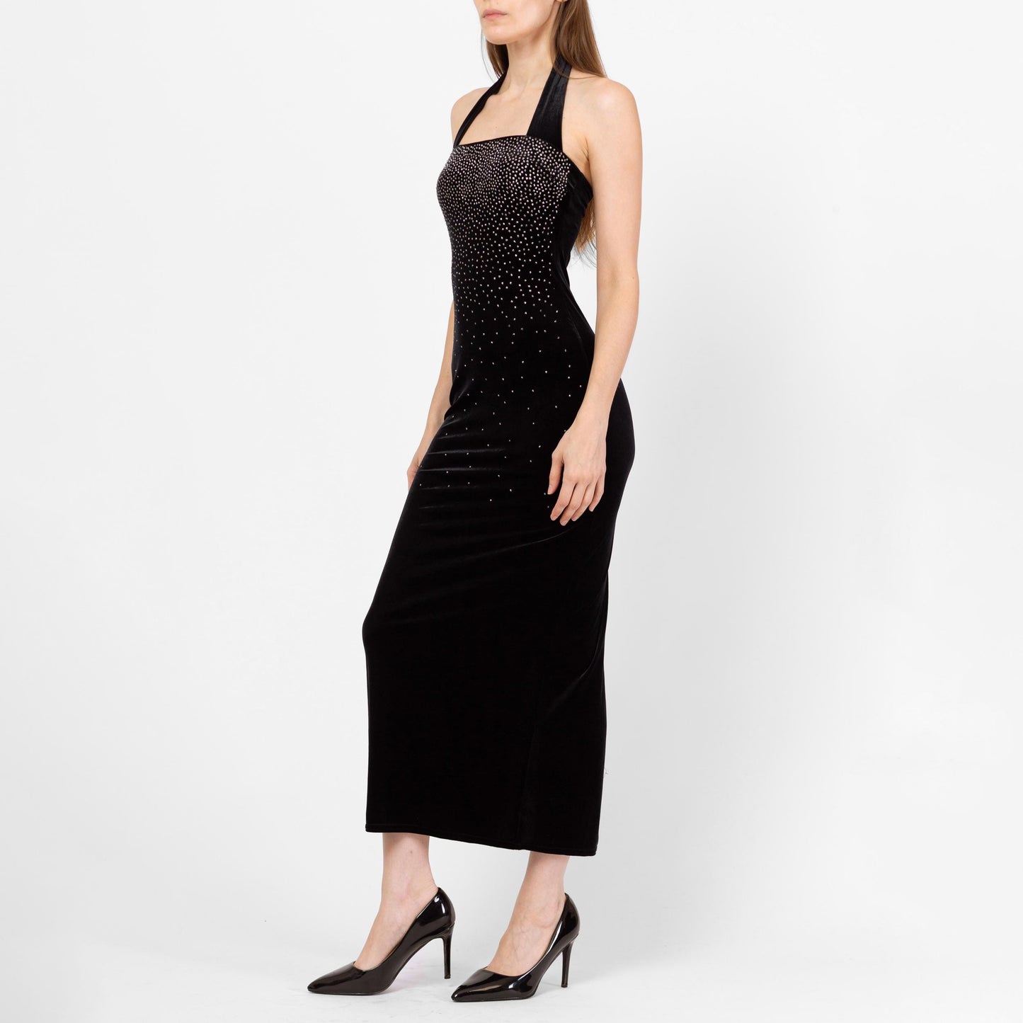 Vintage 90s Y2K Black Velvet Sparkle Bodycon Gown - Petite Extra Small | 2000s Scott McClintock Halter Neck Formal Maxi Party Dress