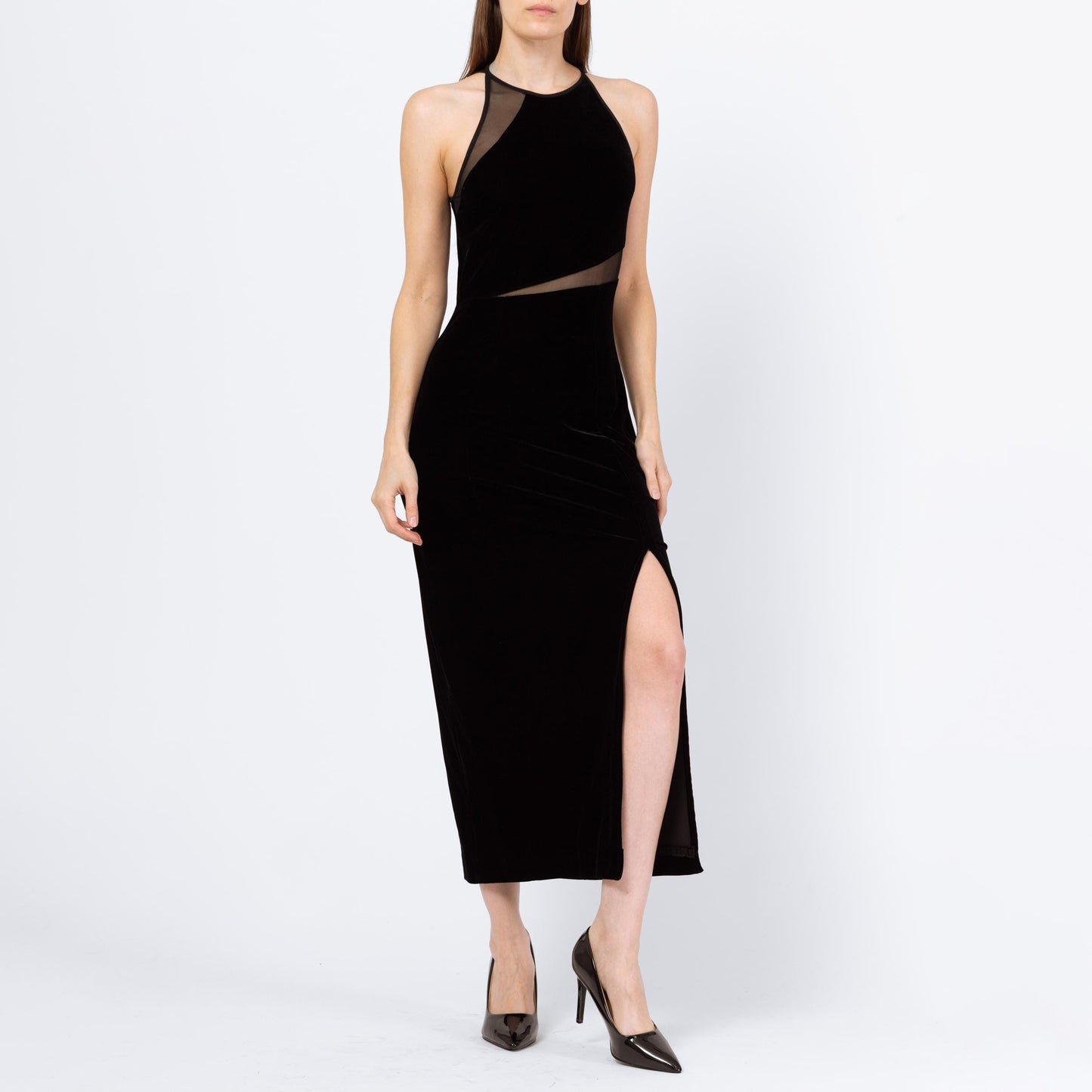 Vintage 90s Tadashi Black Velvet Sheer Cut Out Gown - Small to Medium | Designer Fitted Mesh Panel Maxi Evening Dress