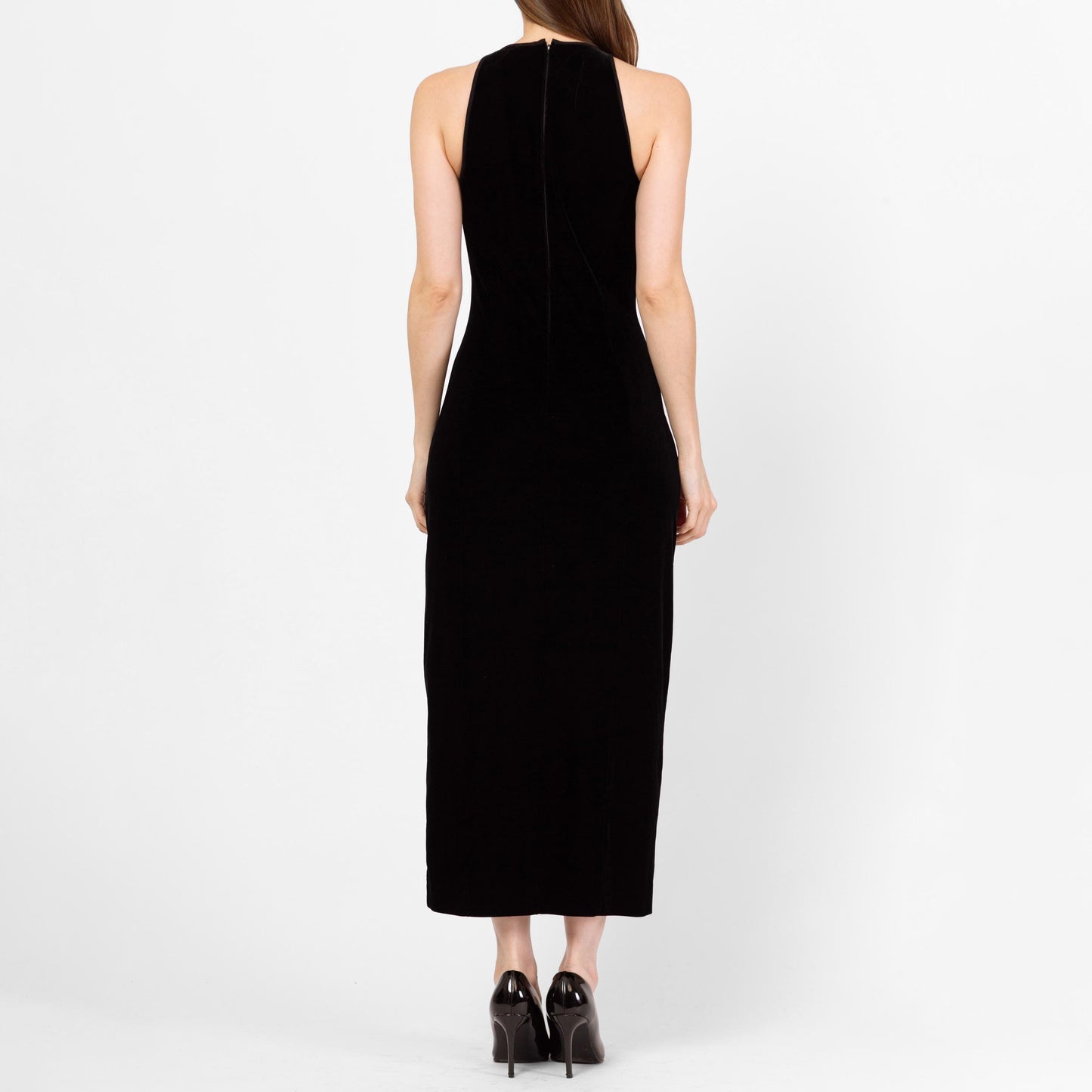 Vintage 90s Tadashi Black Velvet Sheer Cut Out Gown - Small to Medium | Designer Fitted Mesh Panel Maxi Evening Dress