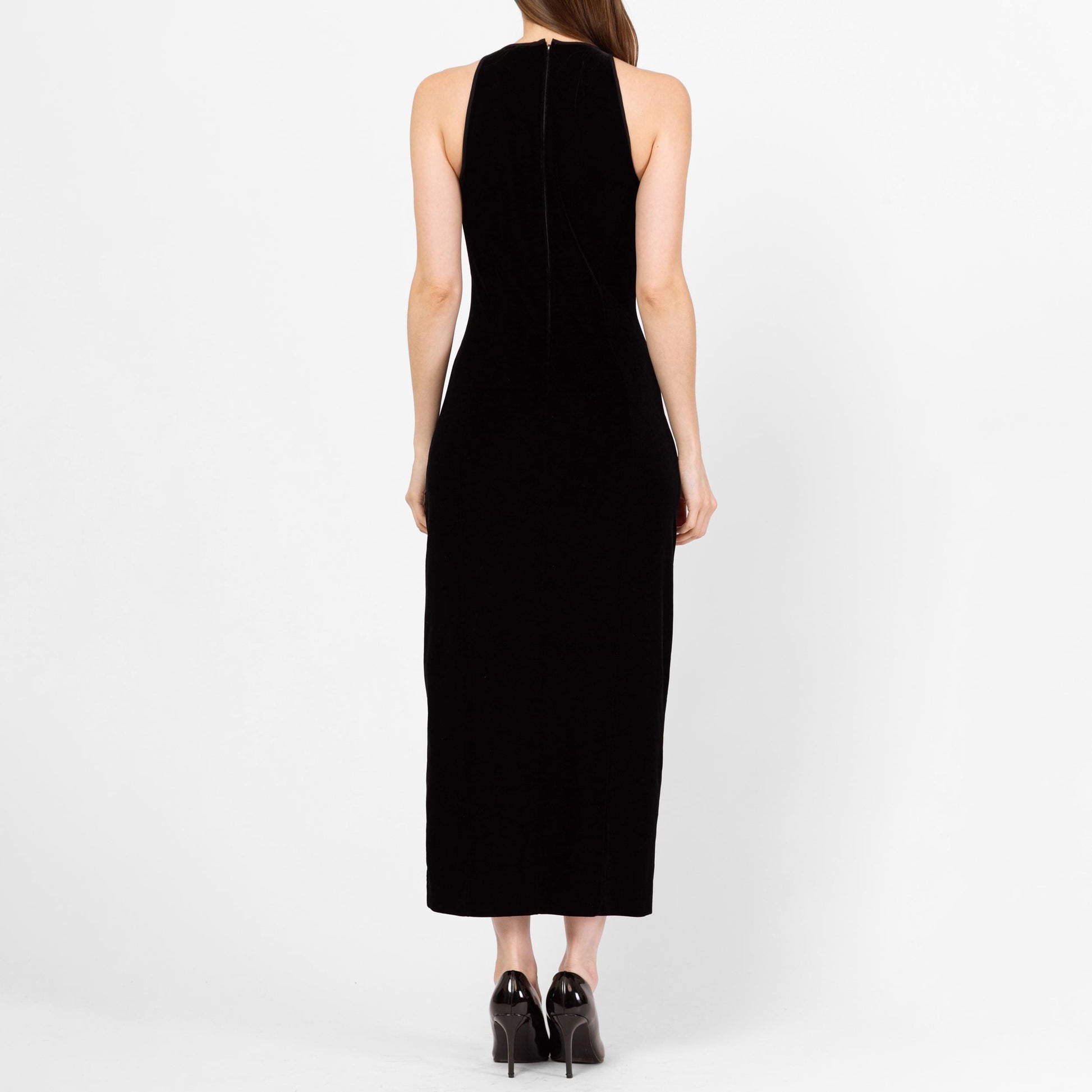 Vintage 90s Tadashi Black Velvet Sheer Cut Out Gown - Small to Medium | Designer Fitted Mesh Panel Maxi Evening Dress