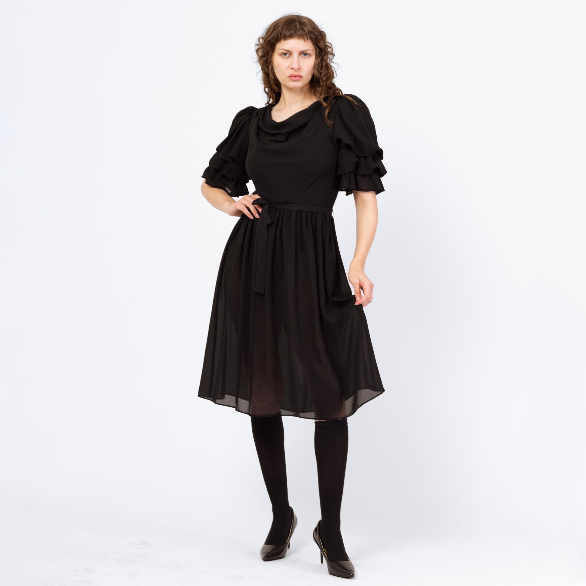 Vintage 80s Sheer Black Puff Sleeve Party Dress - Medium | Retro Gothic Tiered Sleeve Formal Midi Dress