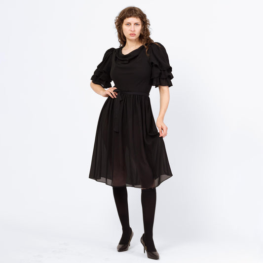 Vintage 80s Sheer Black Puff Sleeve Party Dress - Medium | Retro Gothic Tiered Sleeve Formal Midi Dress