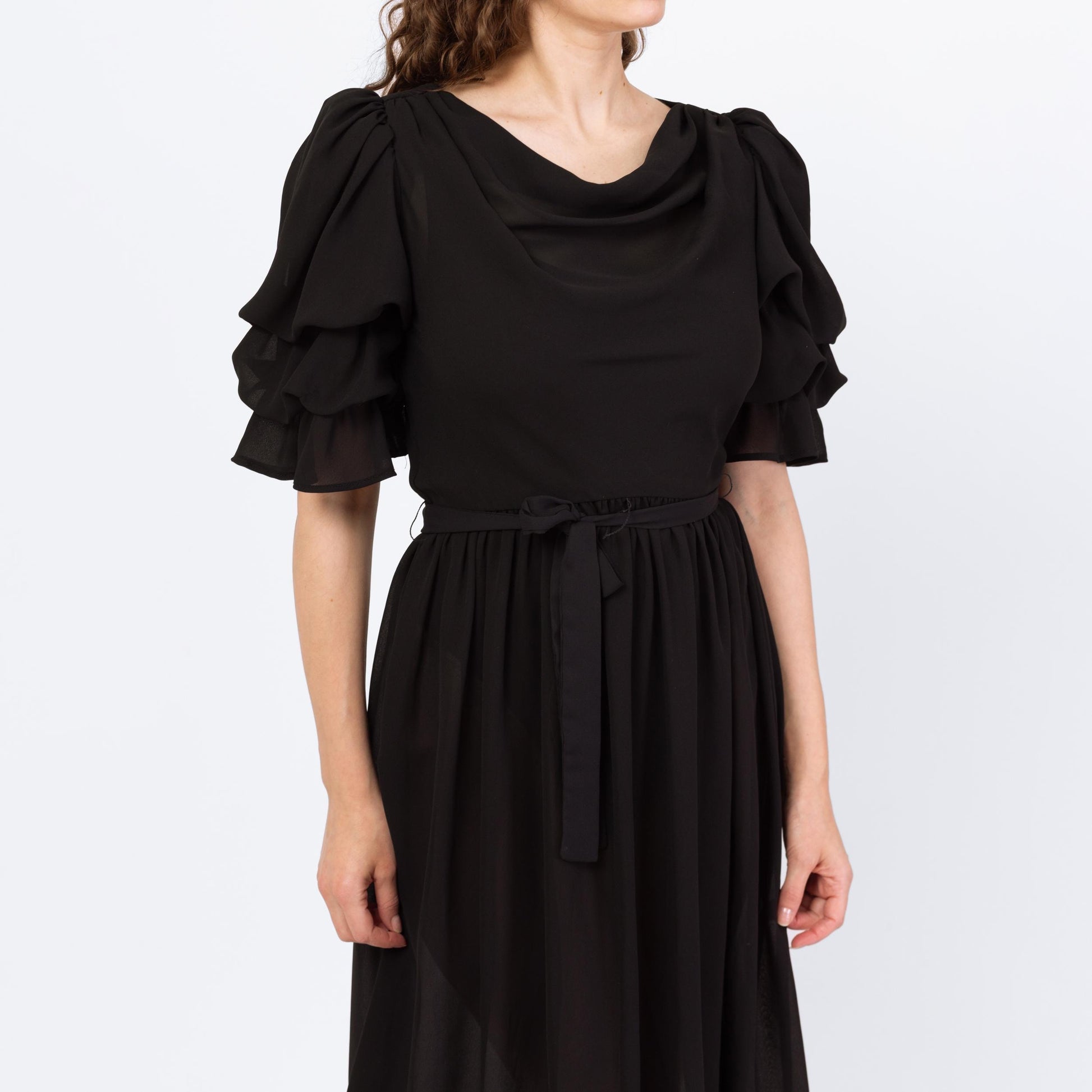 Vintage 80s Sheer Black Puff Sleeve Party Dress - Medium | Retro Gothic Tiered Sleeve Formal Midi Dress