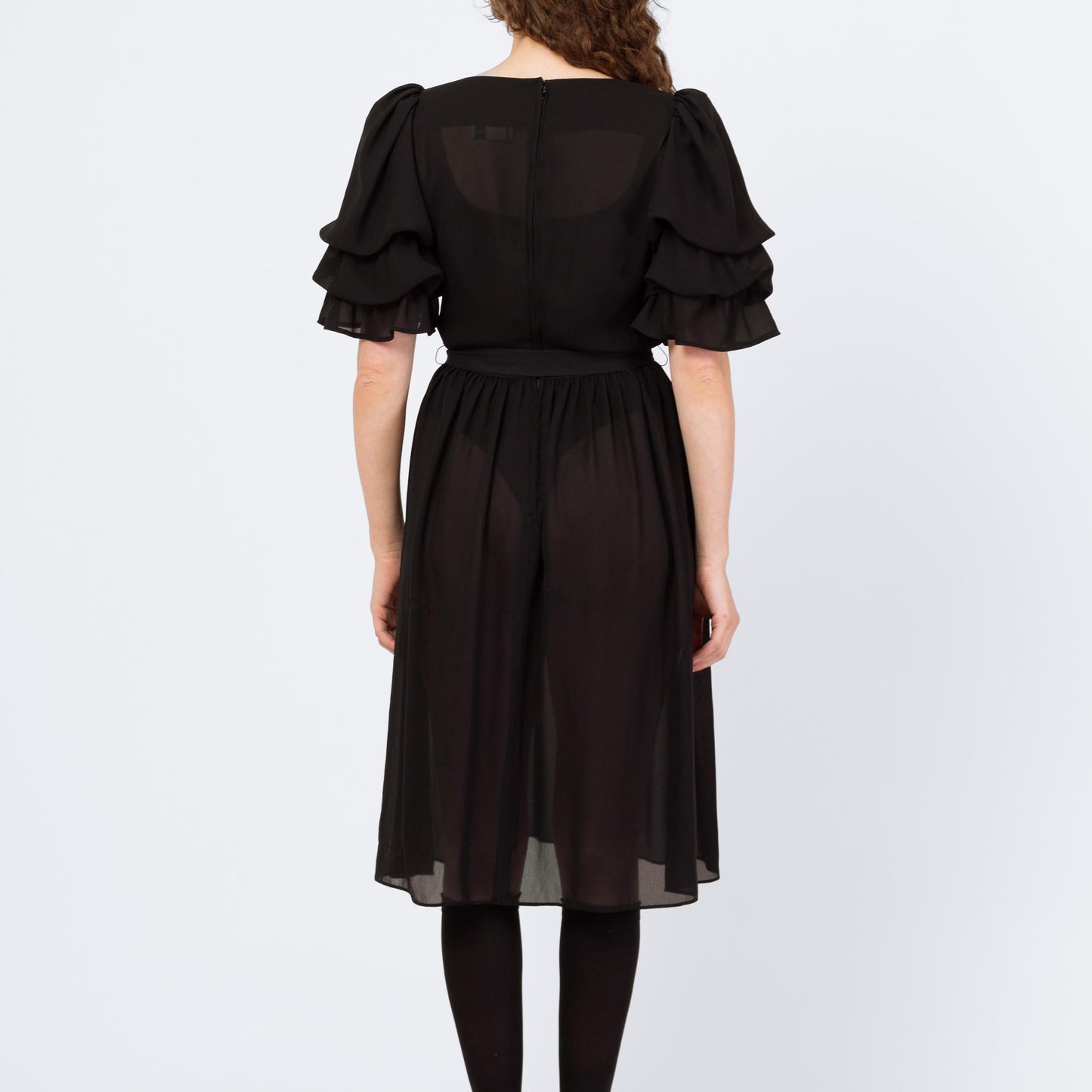 Vintage 80s Sheer Black Puff Sleeve Party Dress - Medium | Retro Gothic Tiered Sleeve Formal Midi Dress