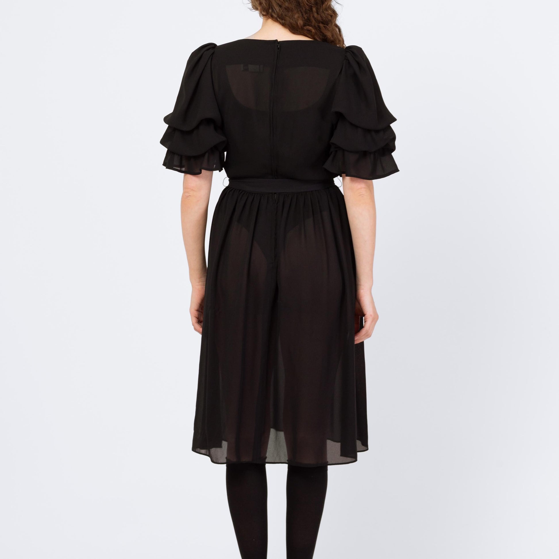 Vintage 80s Sheer Black Puff Sleeve Party Dress - Medium | Retro Gothic Tiered Sleeve Formal Midi Dress