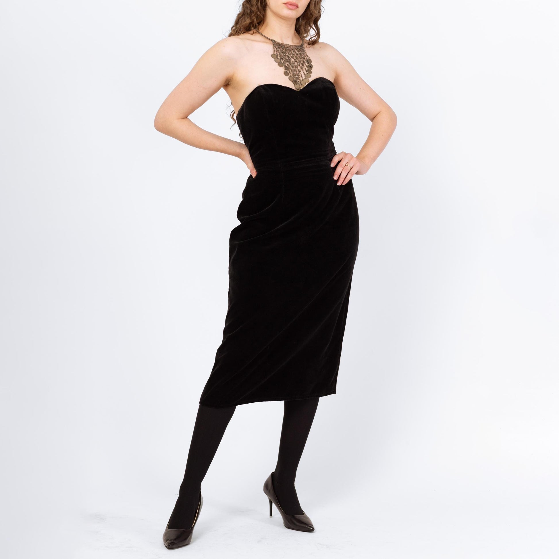 Vintage 80s Black Velvet Strapless Cocktail Dress - Medium | Minimalist Midi Sheath Party Dress