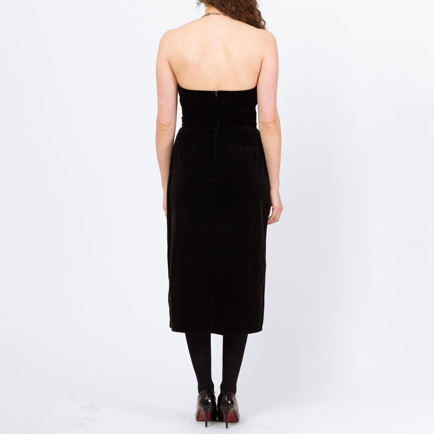 Vintage 80s Black Velvet Strapless Cocktail Dress - Medium | Minimalist Midi Sheath Party Dress